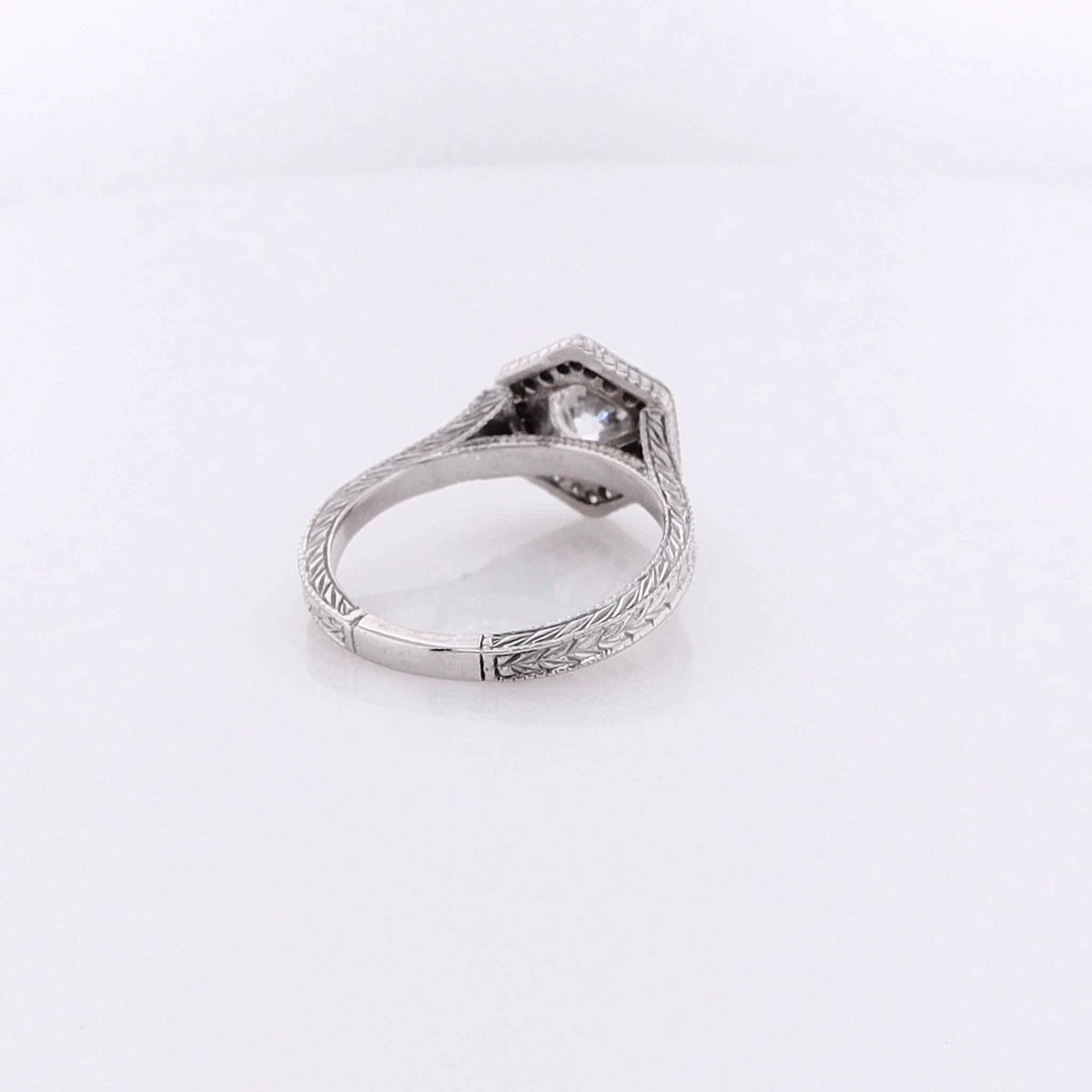 Estate 14 Karat White Gold Engraved Tapered Shank Diamond Engagement Ring with GIA Certification BT-SM1001640-02