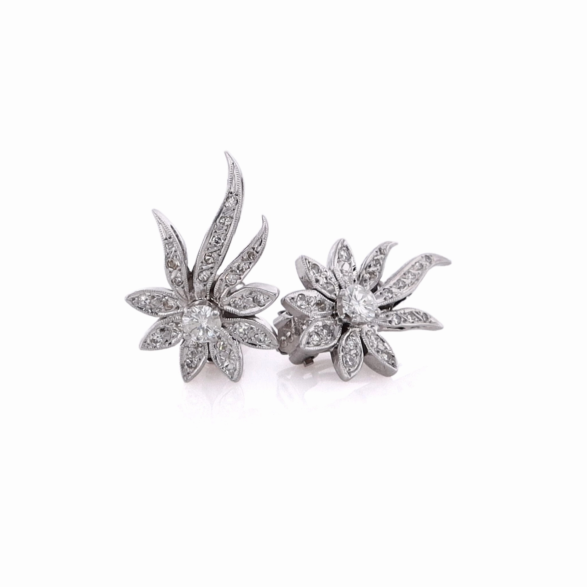 Estate 14 Karat White Gold Floral Motif Diamond Earrings