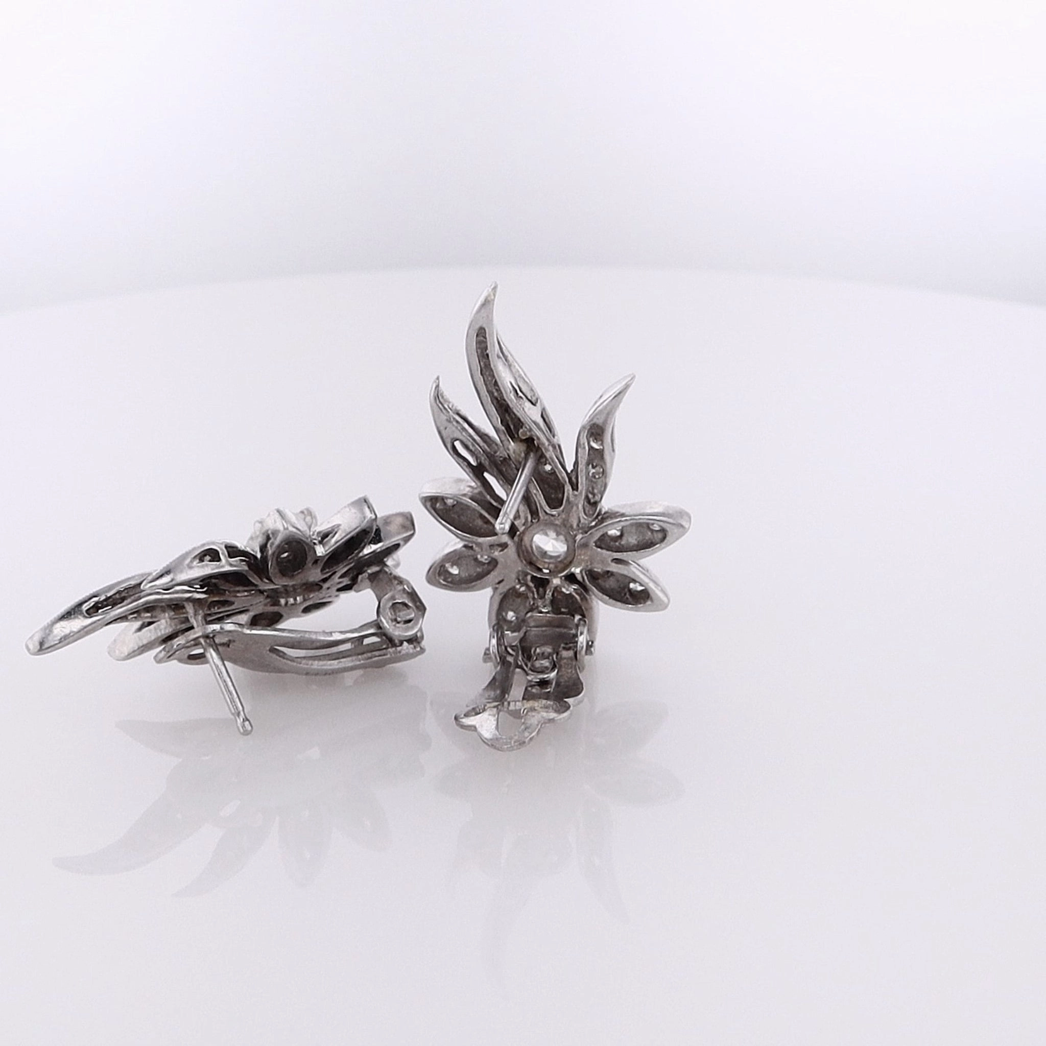 Estate 14 Karat White Gold Floral Motif Diamond Earrings