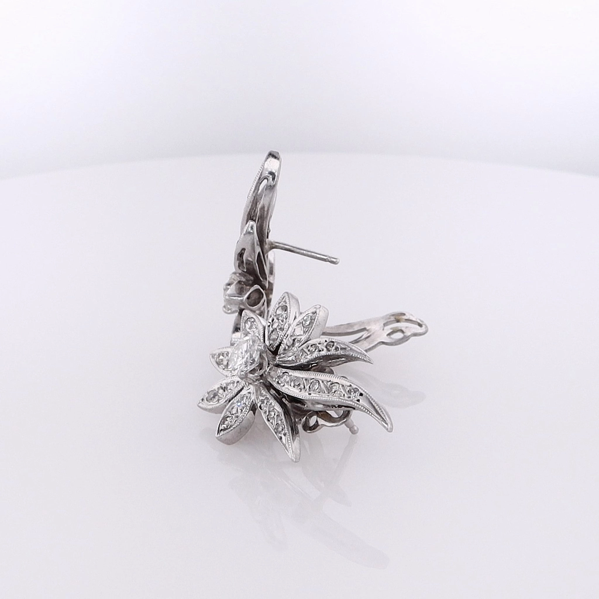 Estate 14 Karat White Gold Floral Motif Diamond Earrings