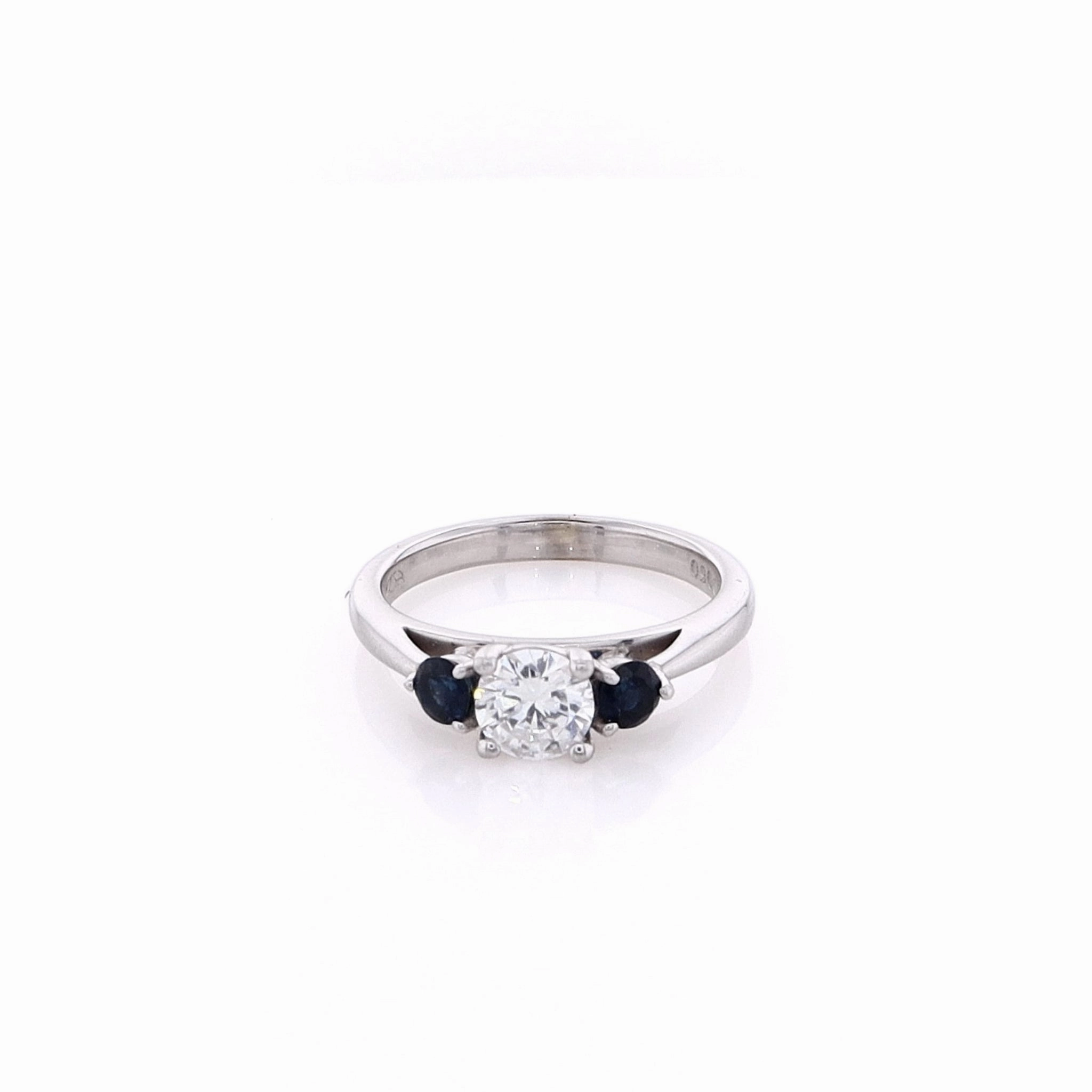 Estate 14 Karat White Gold Flyer Fit Design Diamond and Sapphire Engagement Ring
