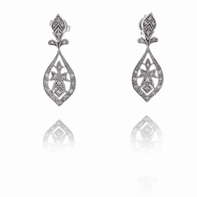 Estate 14 Karat White Gold Milgrain Bead Set Tear Drop Diamond Earrings