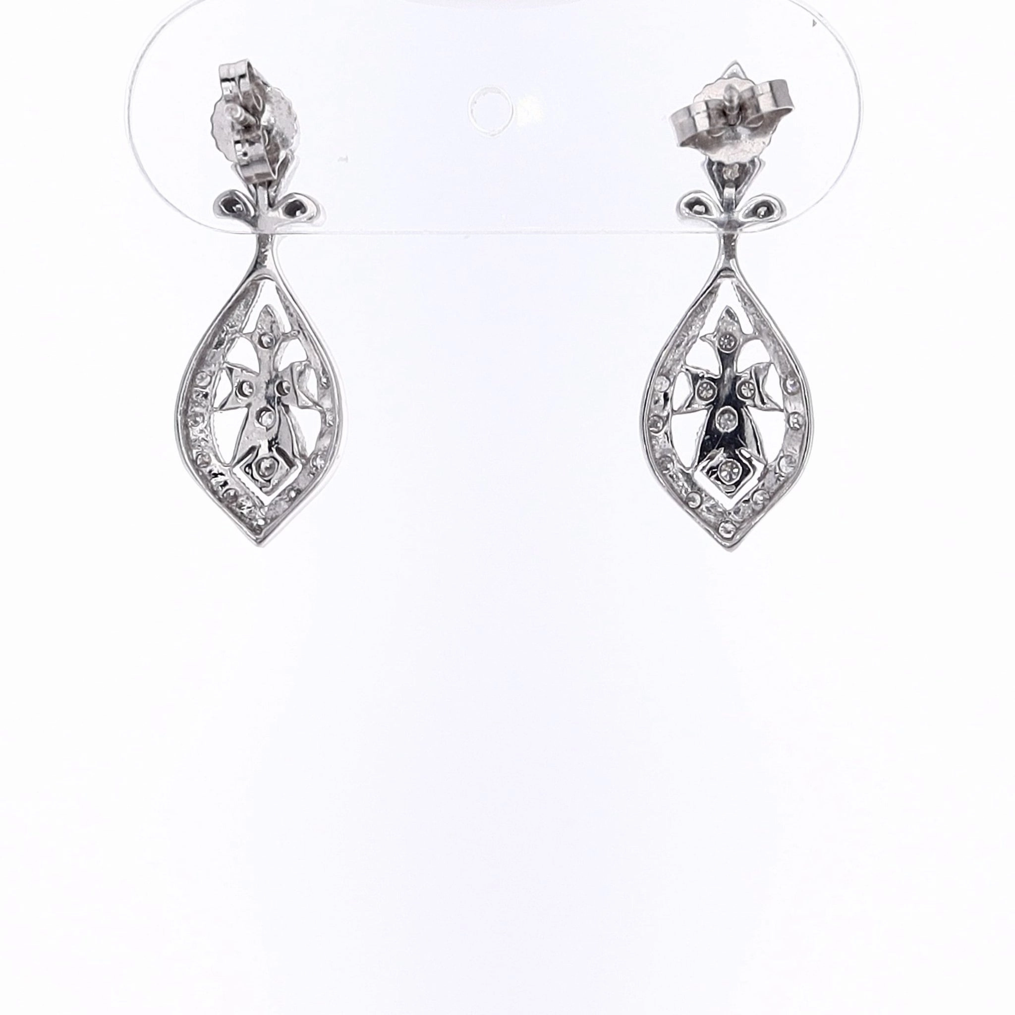 Estate 14 Karat White Gold Milgrain Bead Set Tear Drop Diamond Earrings