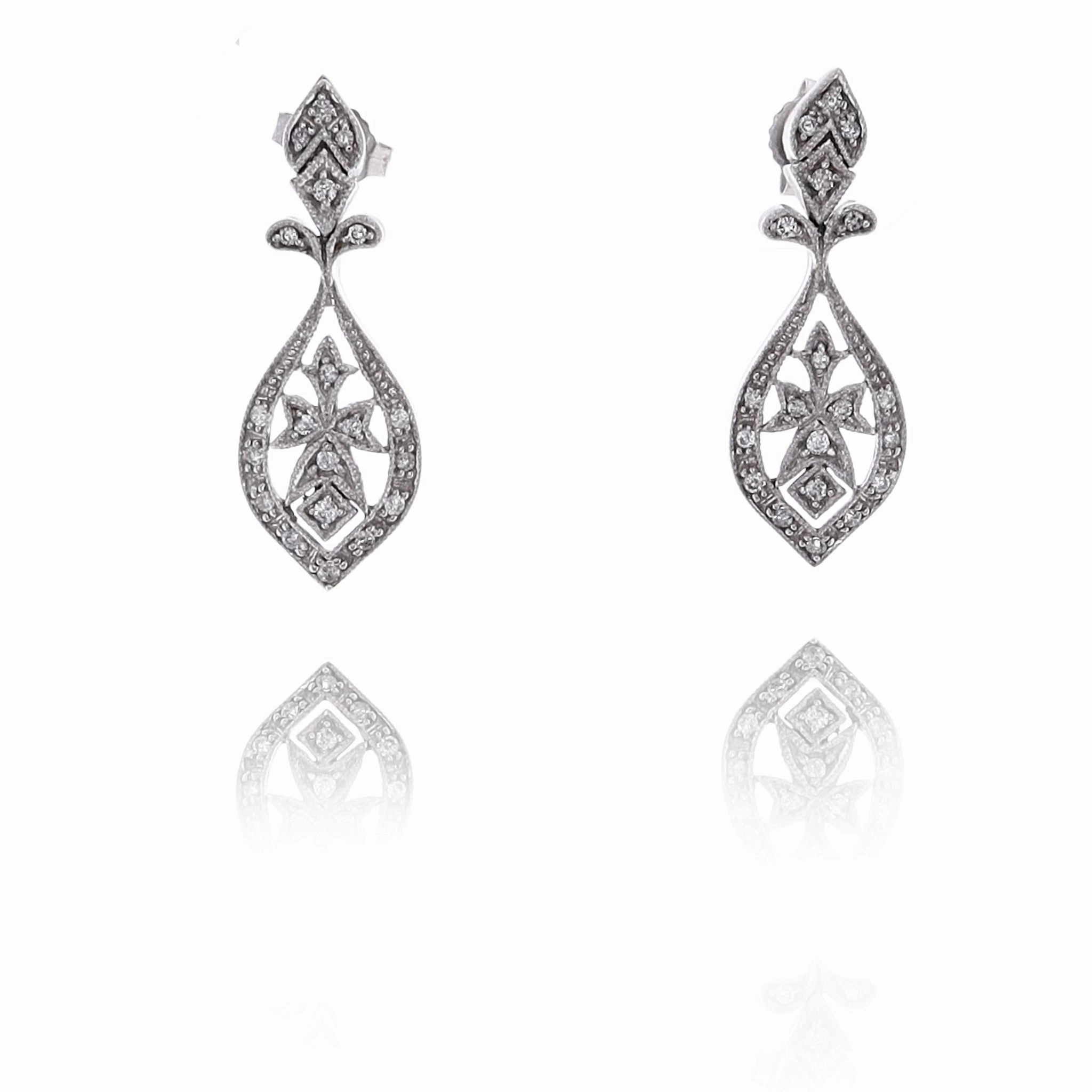 Estate 14 Karat White Gold Milgrain Bead Set Tear Drop Diamond Earrings