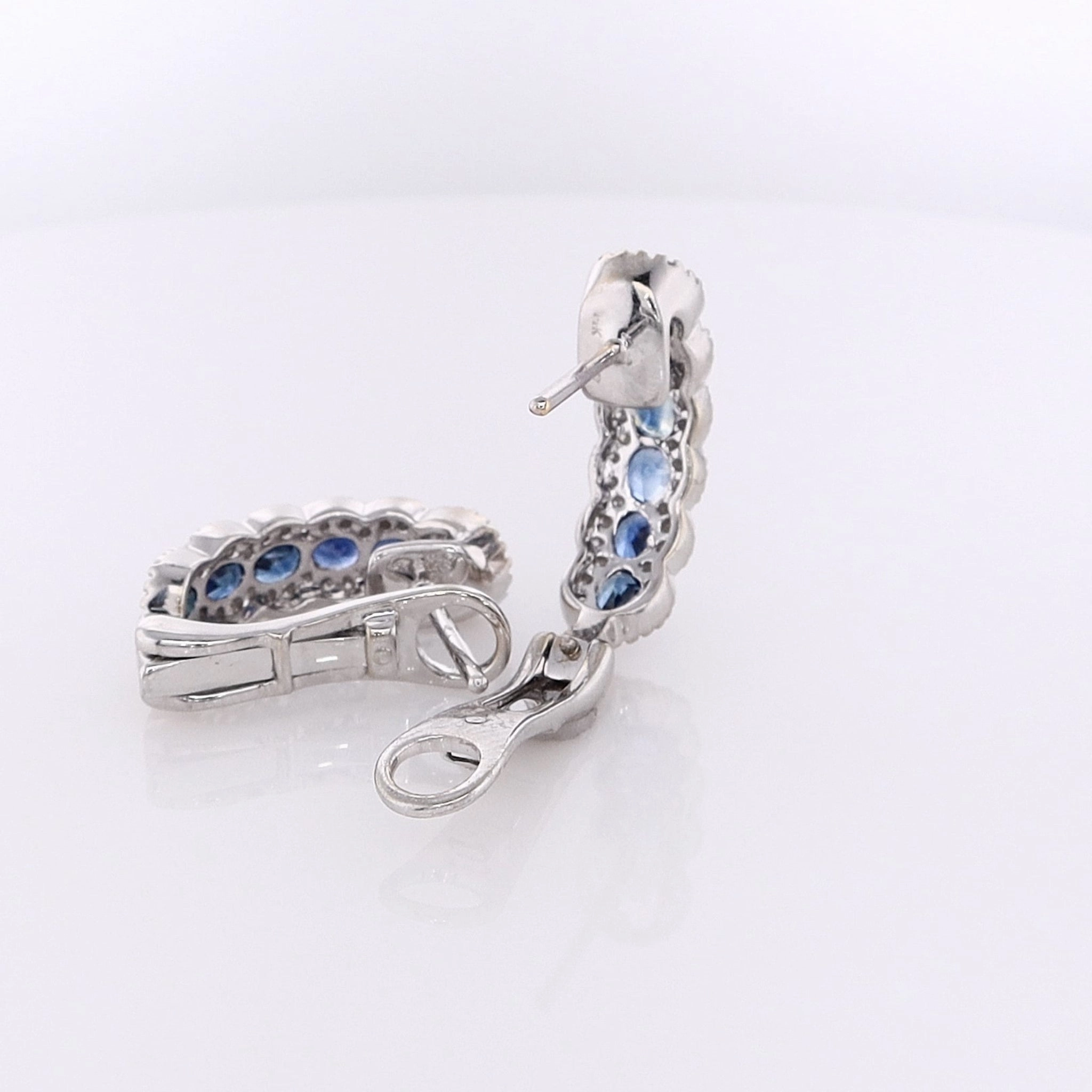 Estate 14 Karat White Gold Sapphire and Diamond Omega Backed Hoop Earrings