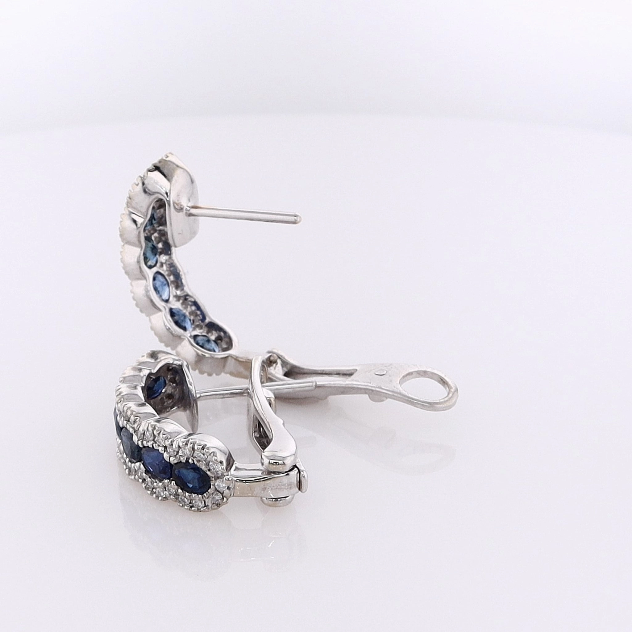 Estate 14 Karat White Gold Sapphire and Diamond Omega Backed Hoop Earrings