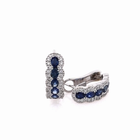 Estate 14 Karat White Gold Sapphire and Diamond Omega Backed Hoop Earrings