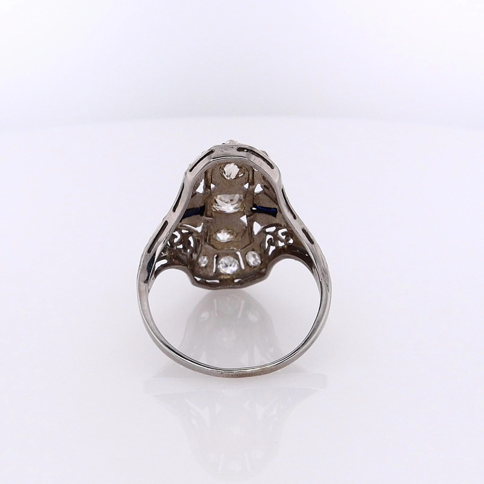 Estate 14 Karat White Gold Shield Design Diamond And Synthetic Sapphire Ring