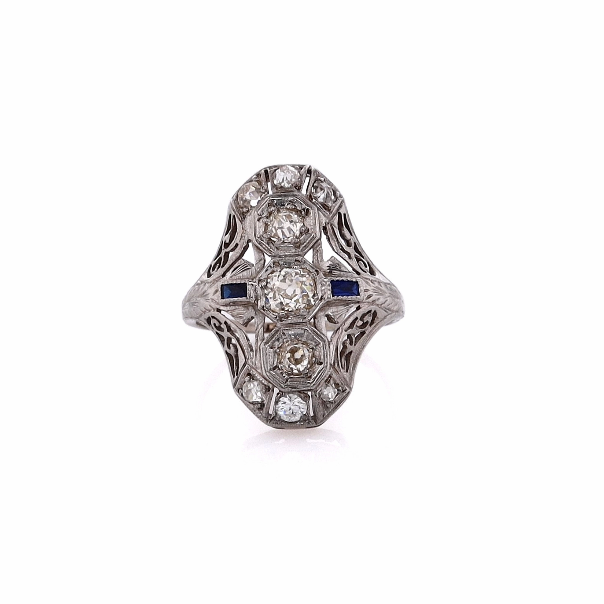 Estate 14 Karat White Gold Shield Design Diamond And Synthetic Sapphire Ring
