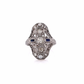 Estate 14 Karat White Gold Shield Design Diamond And Synthetic Sapphire Ring