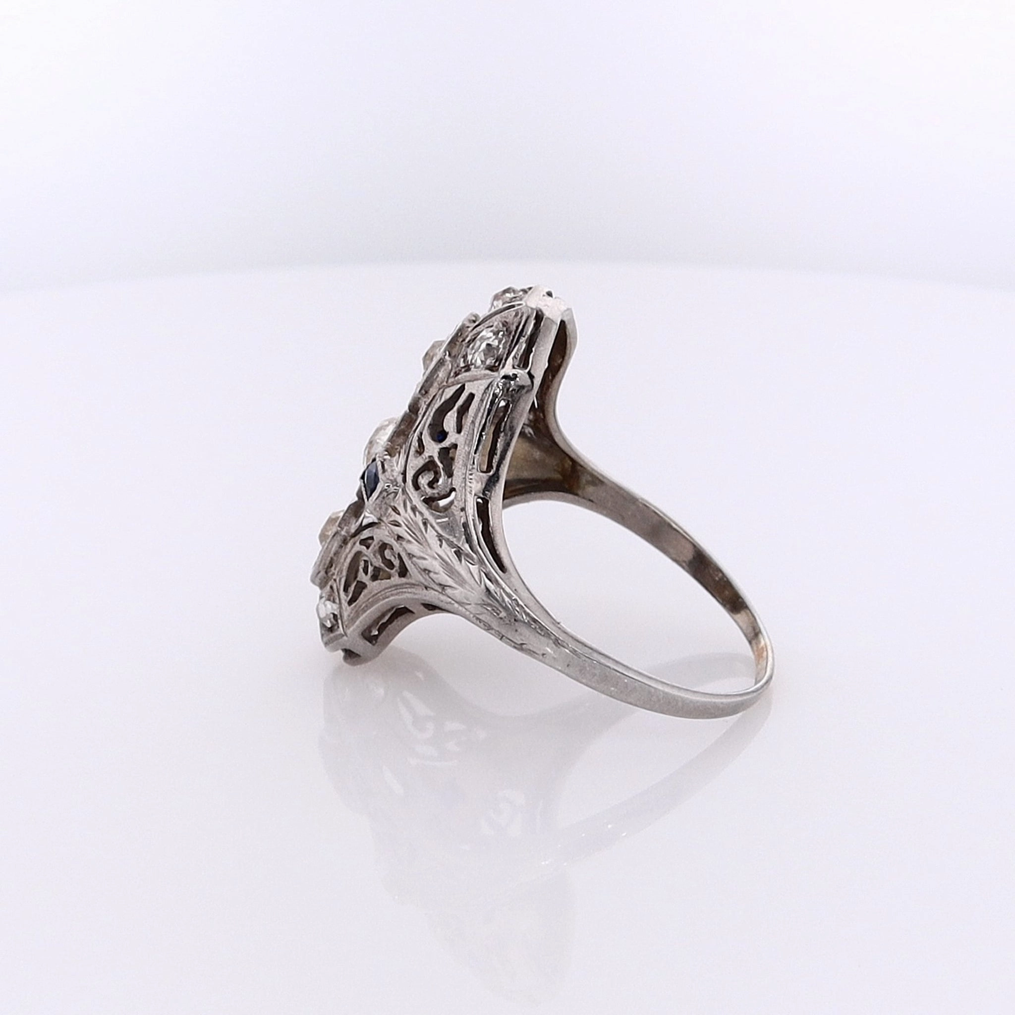 Estate 14 Karat White Gold Shield Design Diamond And Synthetic Sapphire Ring