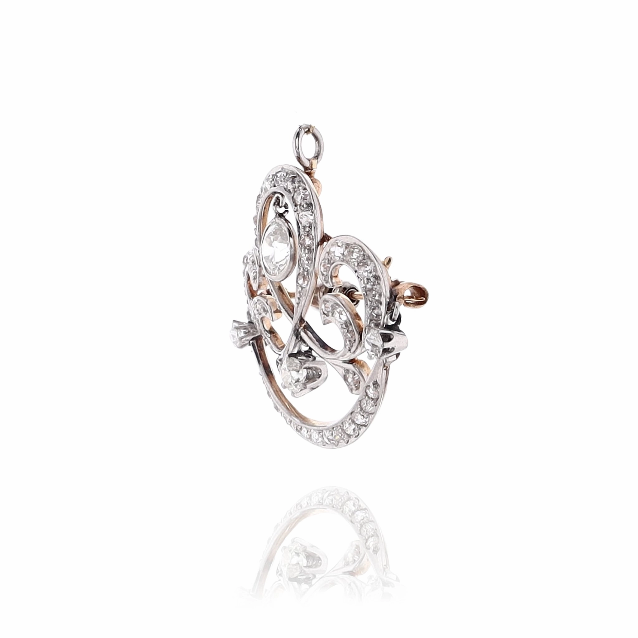 Estate 14 Karat Yellow Gold and Platinum with Scroll Design Diamond Brooch