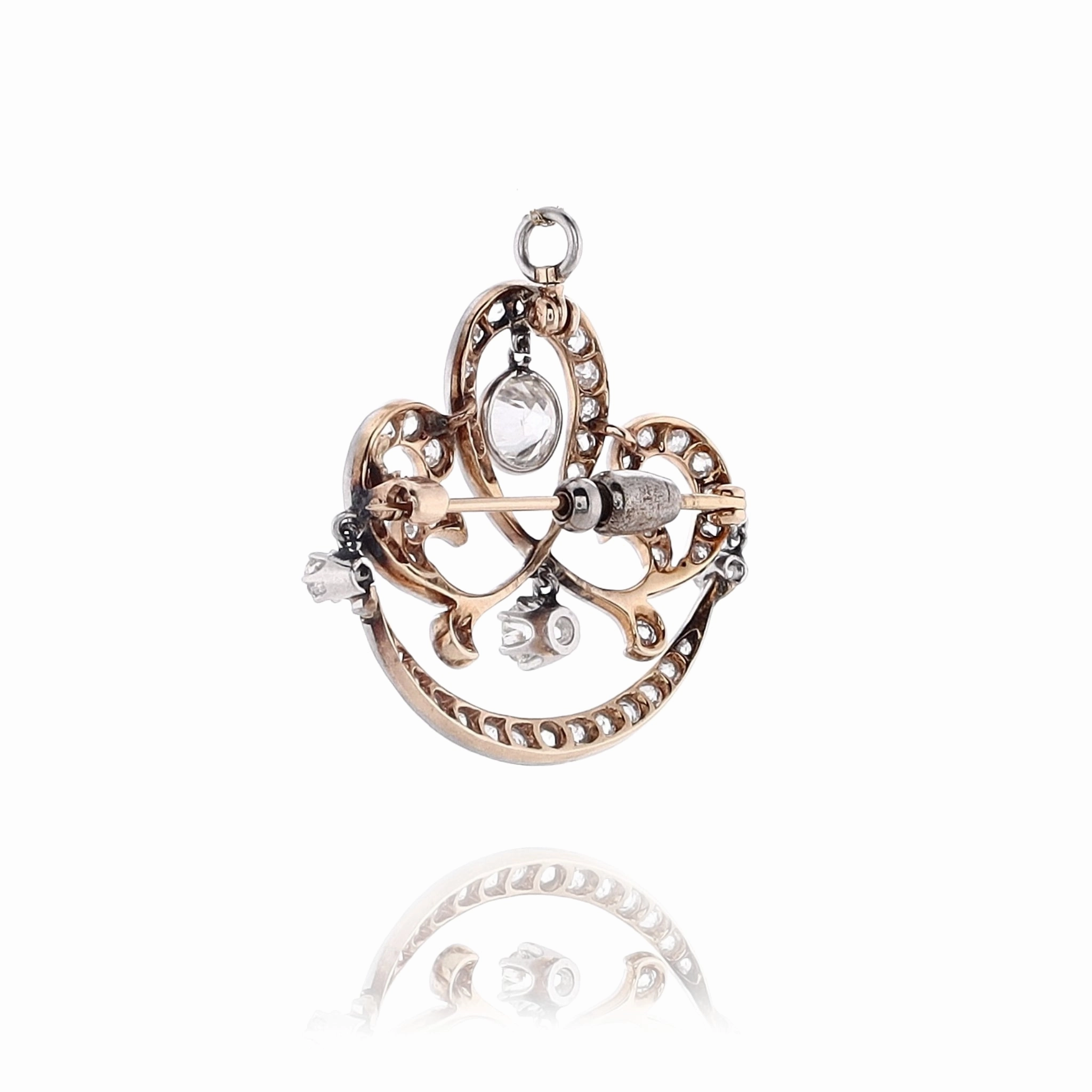 Estate 14 Karat Yellow Gold and Platinum with Scroll Design Diamond Brooch