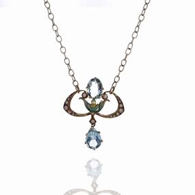 Estate 14 Karat Yellow Gold Aquamarine and Pearl Pendant Necklace