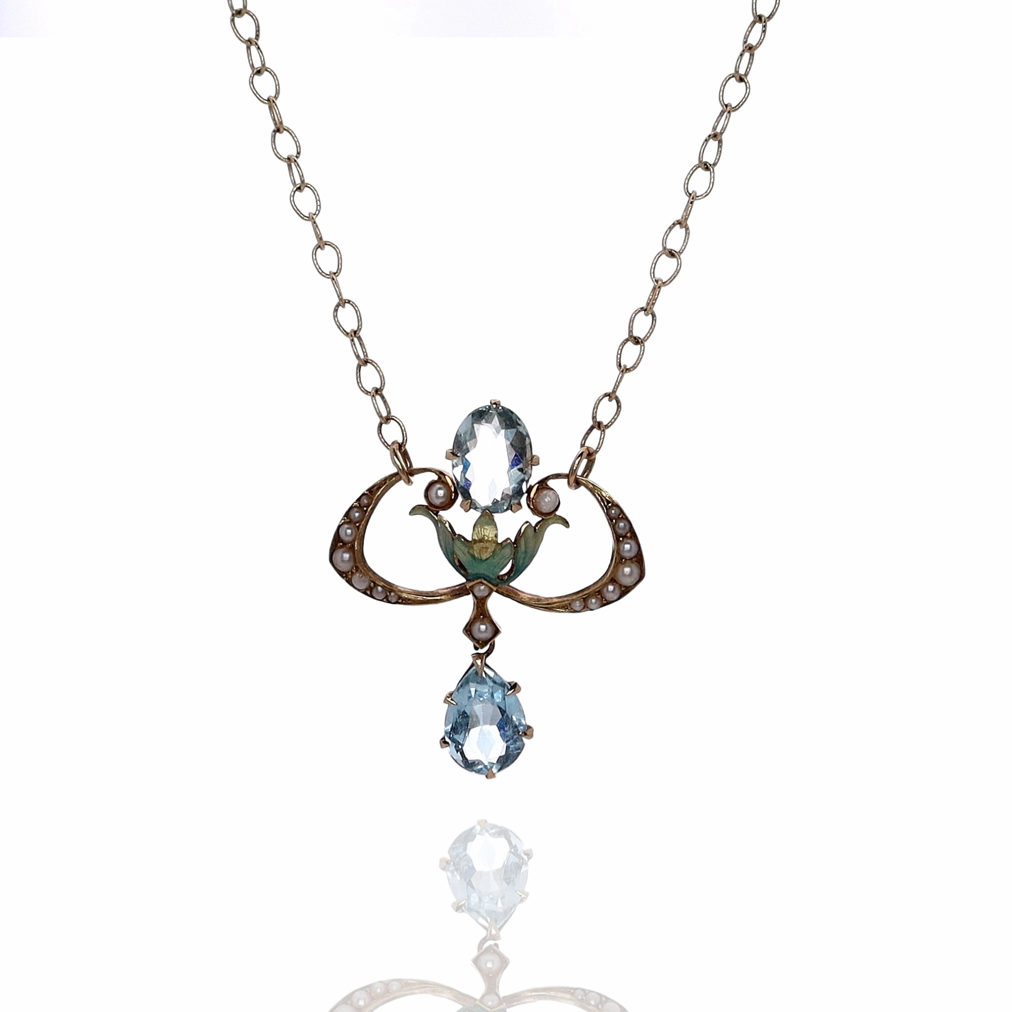 Estate 14 Karat Yellow Gold Aquamarine and Pearl Pendant Necklace