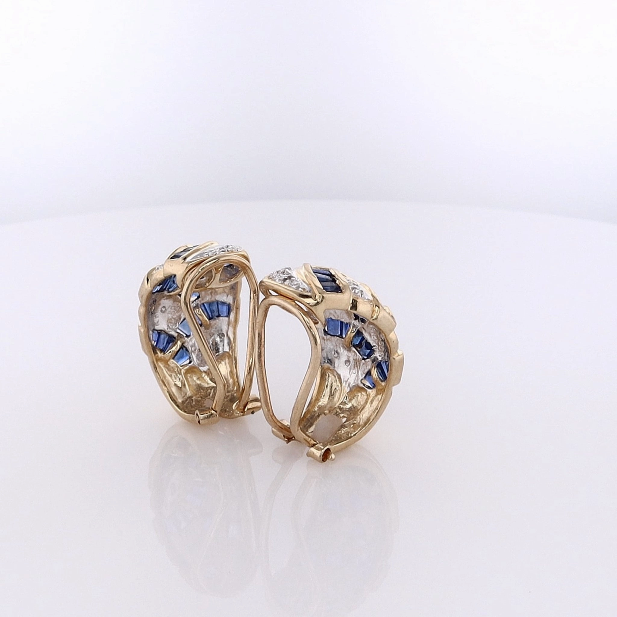 Estate 14 Karat Yellow Gold Diamond and Sapphire Clip-On Hoop Earrings