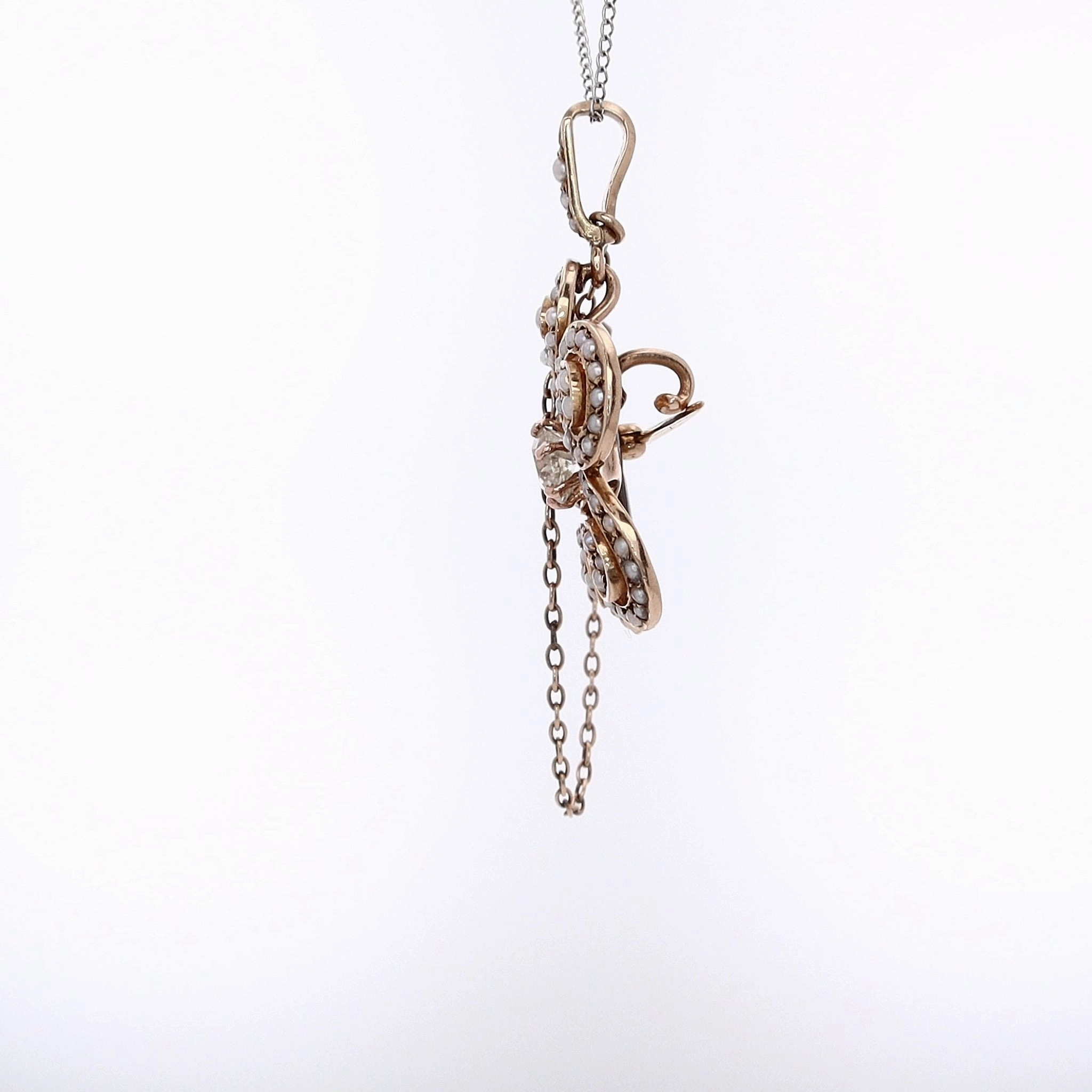 Estate 14 Karat Yellow Gold Flower Design Diamond and Seed Pearl Pin Pendant