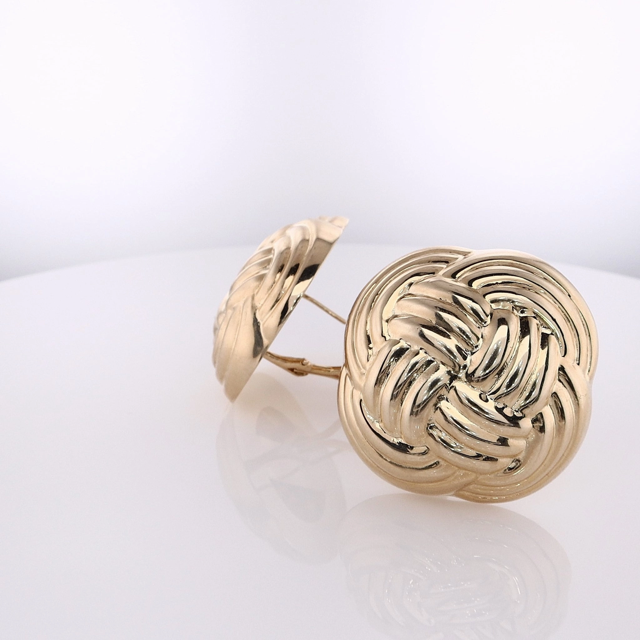 Estate 14 Karat Yellow Gold Large Basket Weave Knot Design Omega Backed Earrings