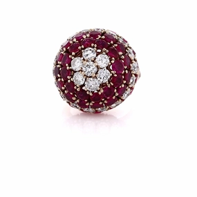 Estate 14 Karat Yellow Gold Ruby and Diamond Domed Ring