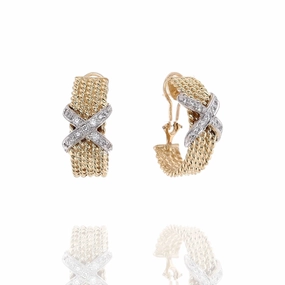 Estate 14k Two-Tone Diamond 5 Row Cable Center "X" Pierced/Clip-On Earrings