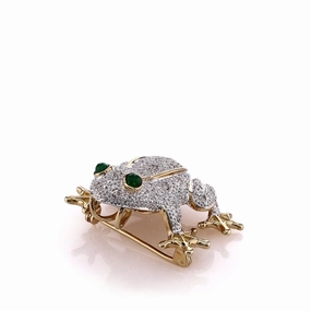 Estate 14k Two-Tone Frog Design Cabochon Emerald and Diamond Pin/Pendant