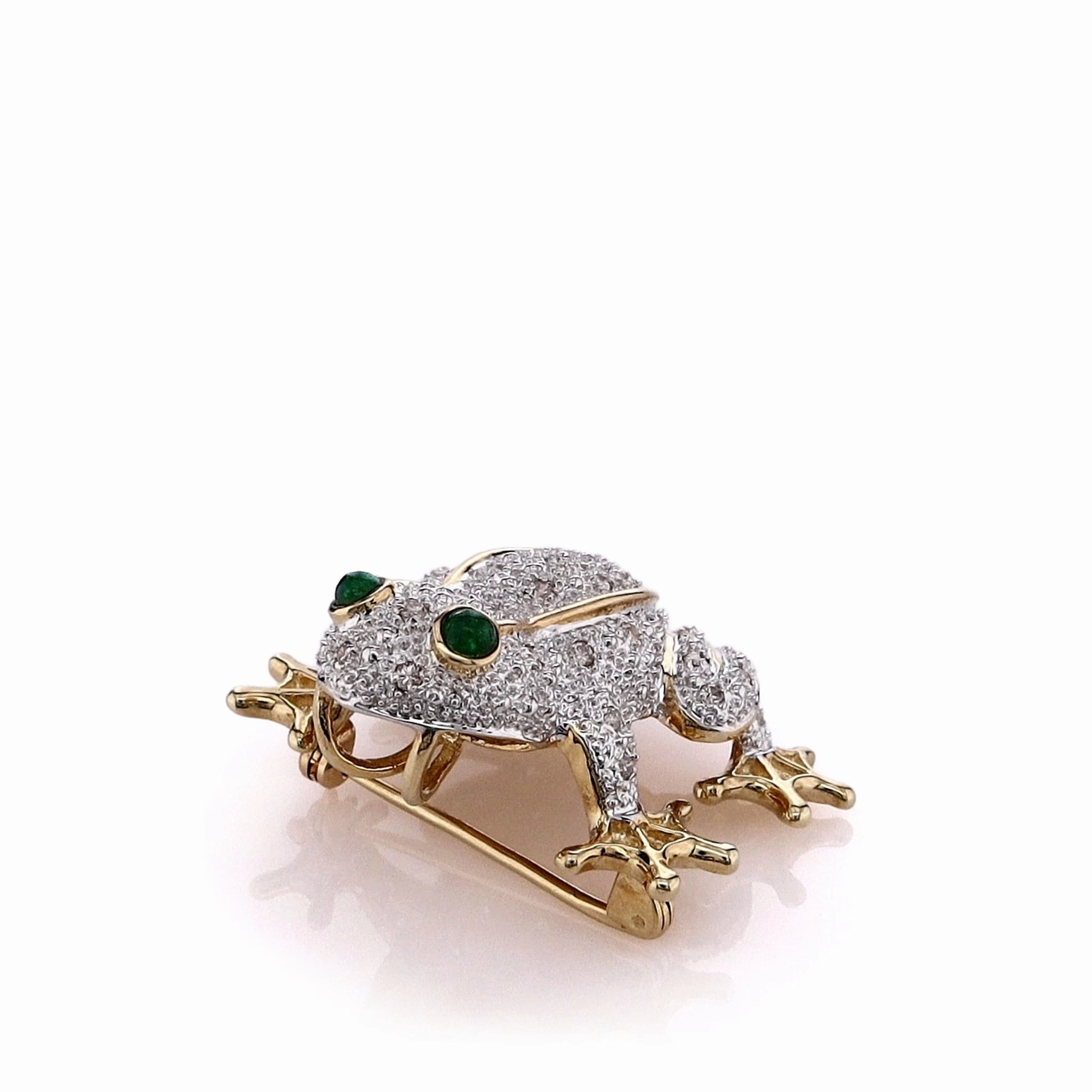 Estate 14k Two-Tone Frog Design Cabochon Emerald and Diamond Pin/Pendant