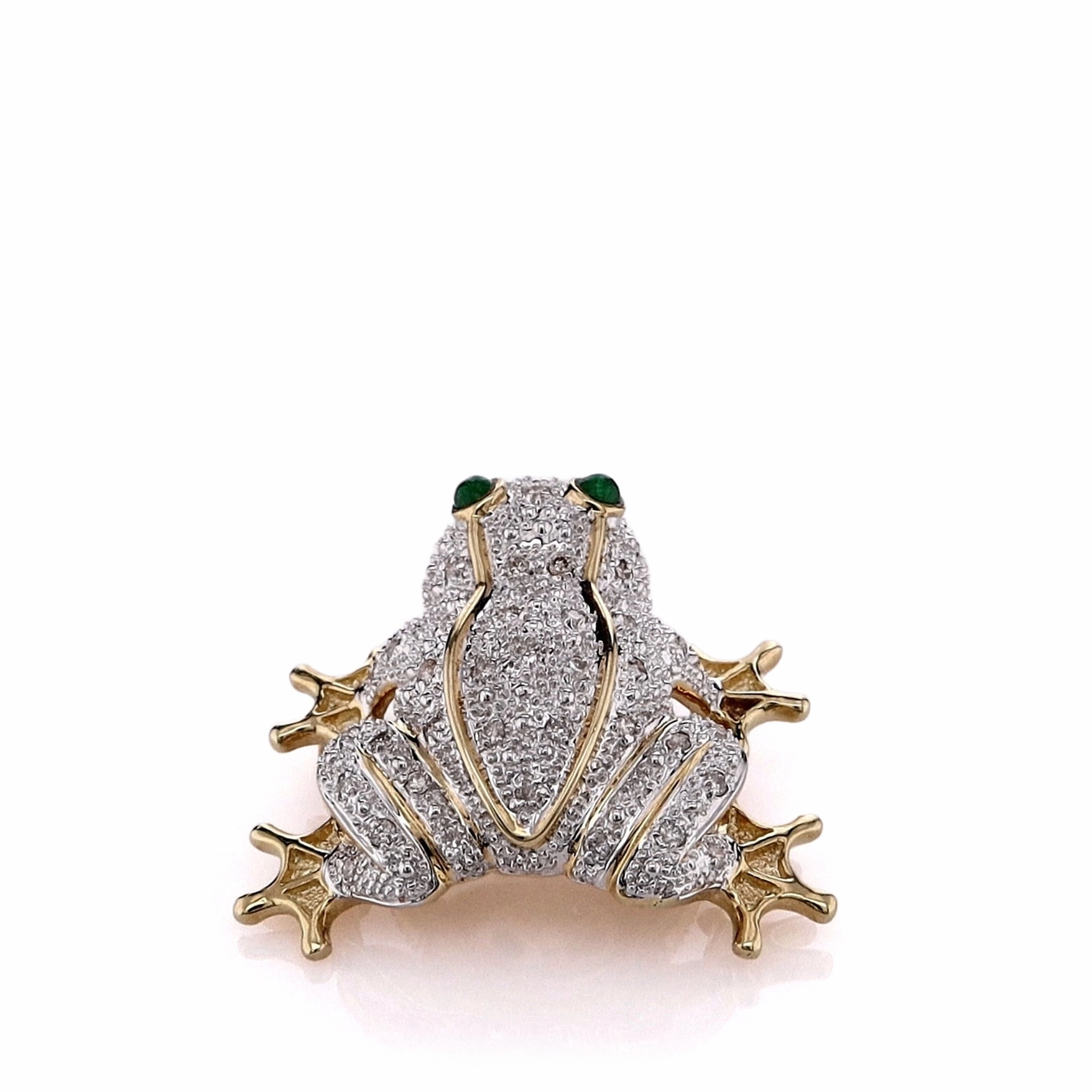 Estate 14k Two-Tone Frog Design Cabochon Emerald and Diamond Pin/Pendant