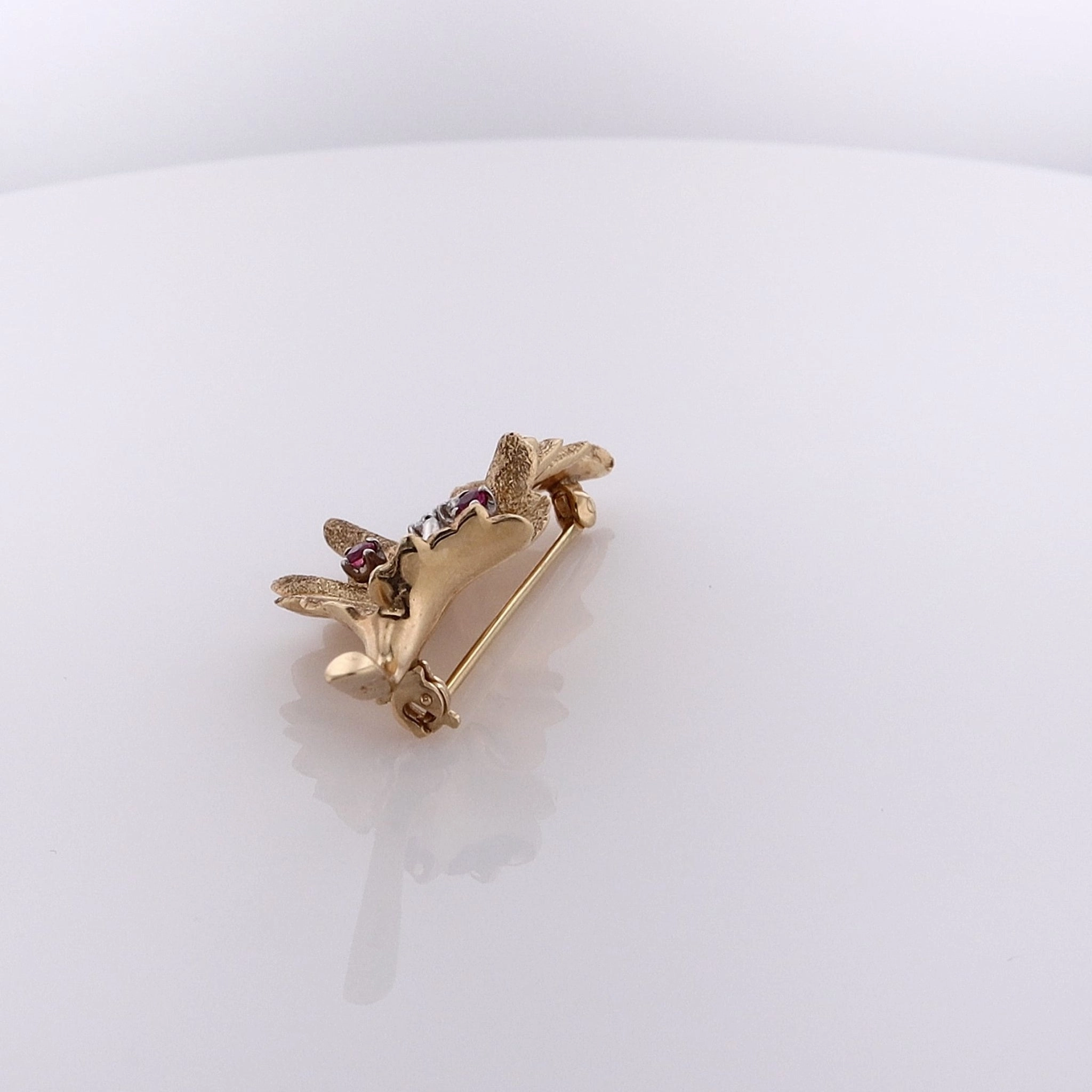 Estate 14k Two Tone Ruby and Diamond Leaf Design Pin