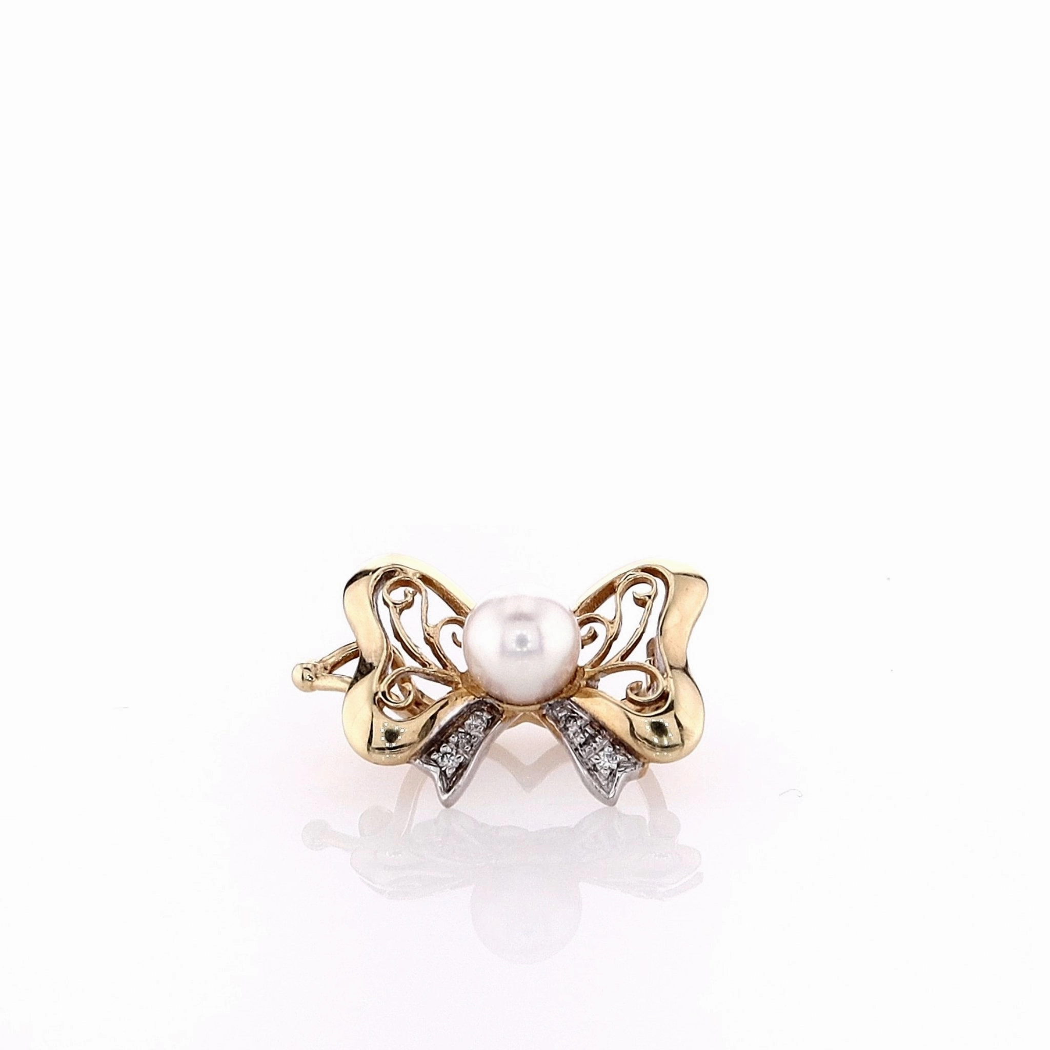 Estate 14k Two Tone Slide Pendant 20mm Bow 6 RBC D.04tw II1 6.5mm Akoya Pearl