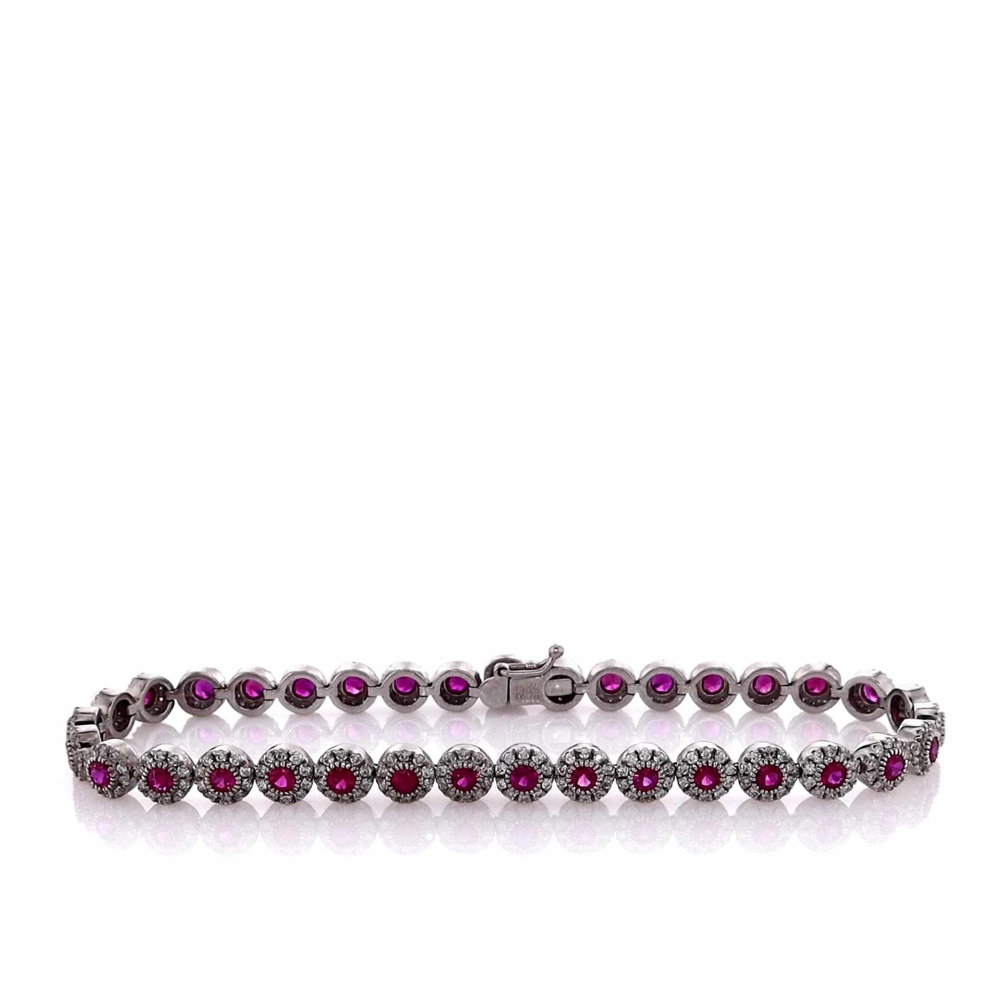 Estate 14k White Gold 7.25" Ruby and Diamond Halo Bracelet