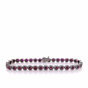 Estate 14k White Gold 7.25" Ruby and Diamond Halo Bracelet
