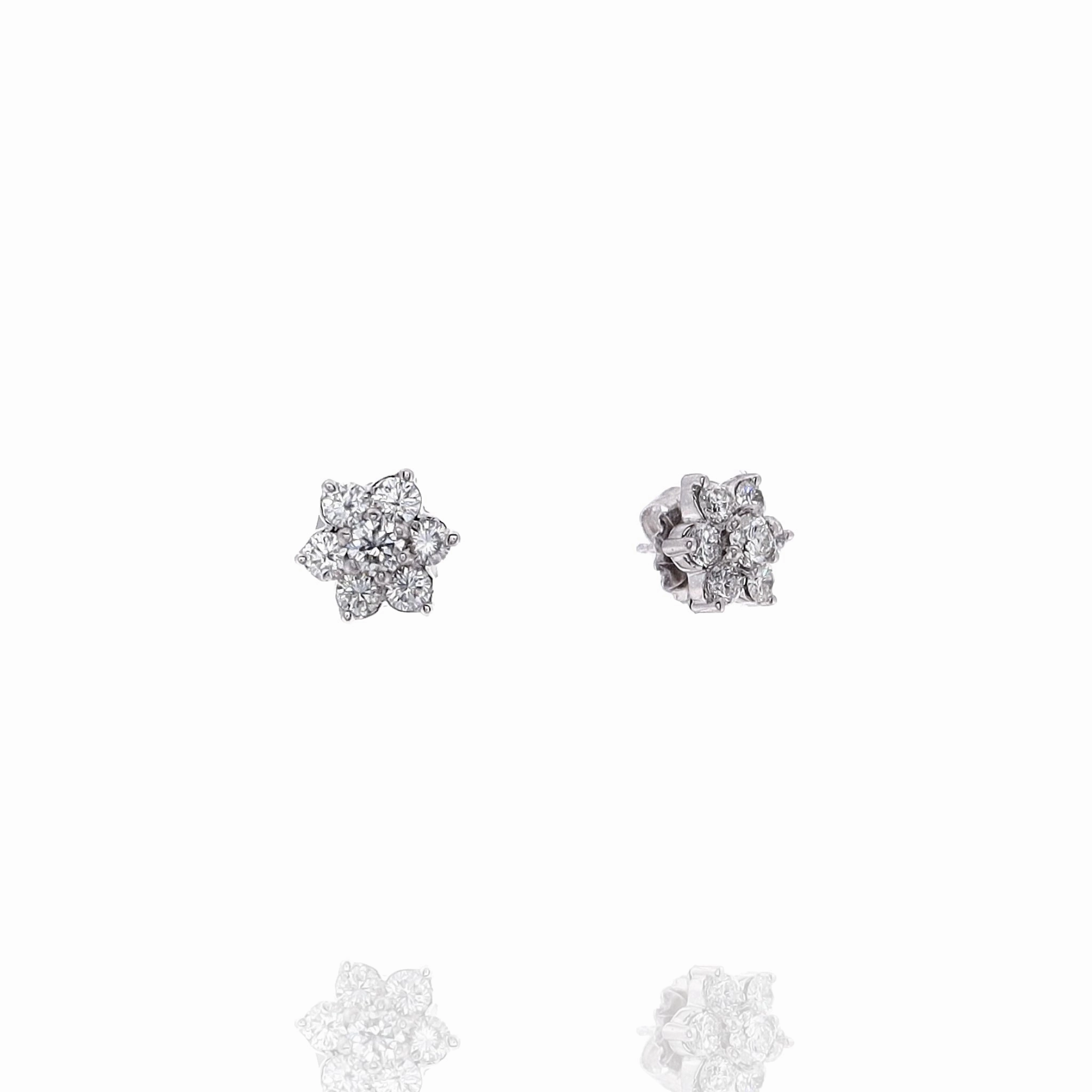 Estate 14k White Gold and Diamond Cluster Flower Design Stud Earrings