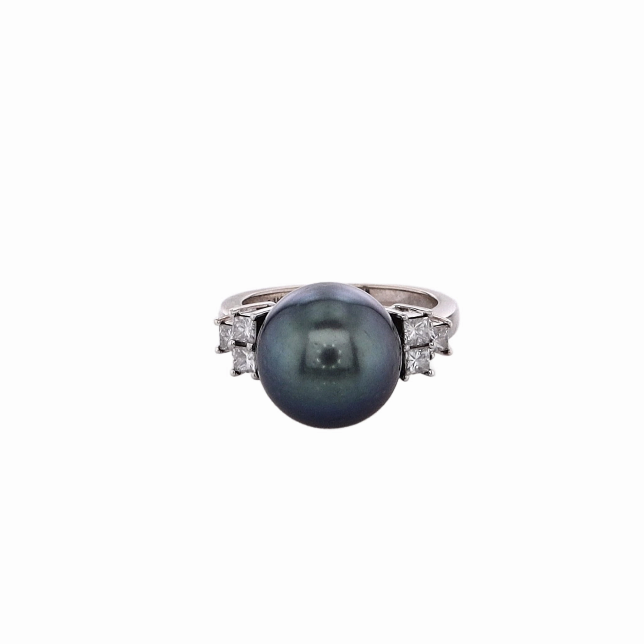 Estate 14k White Gold Diamond and 10.7mm Black Tahitian Pearl Ring