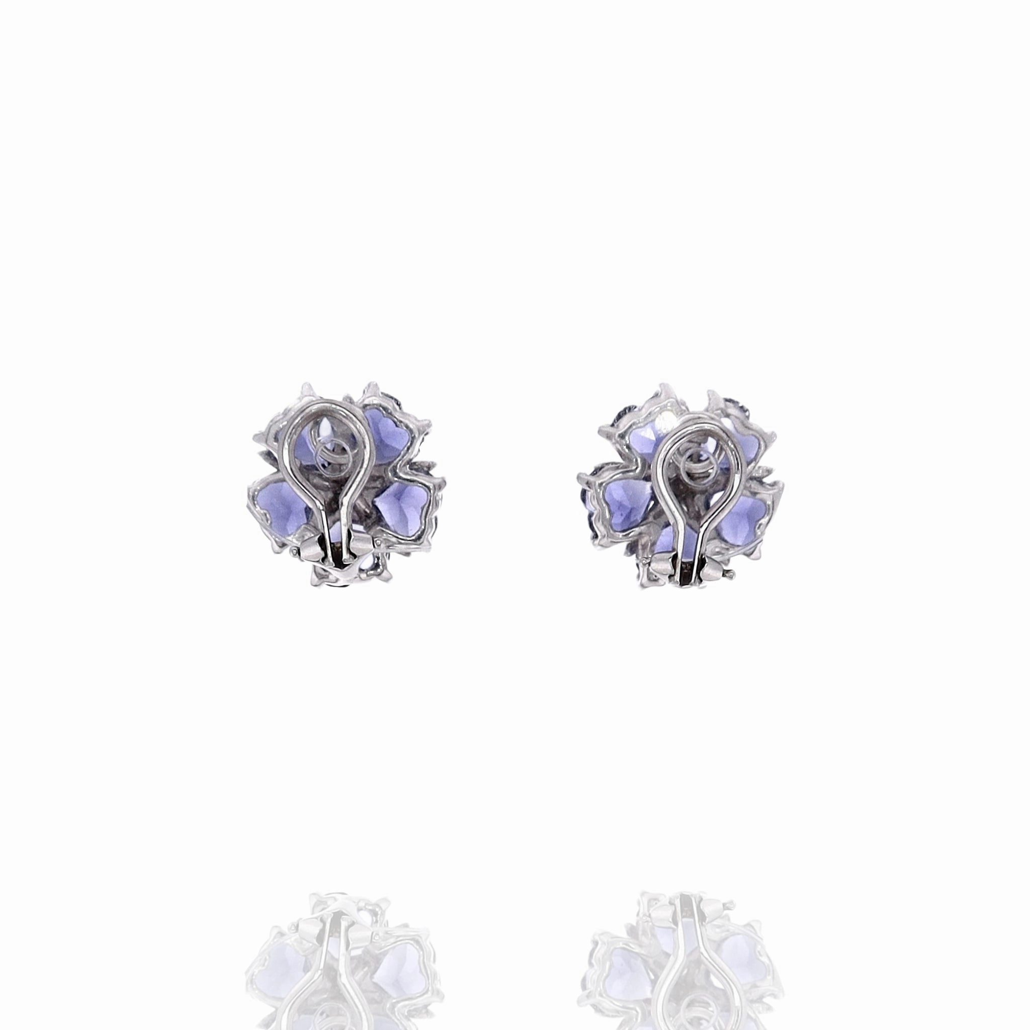 Estate 14k White Gold Flower Design Tanzanite and Diamond Clip On Earrings