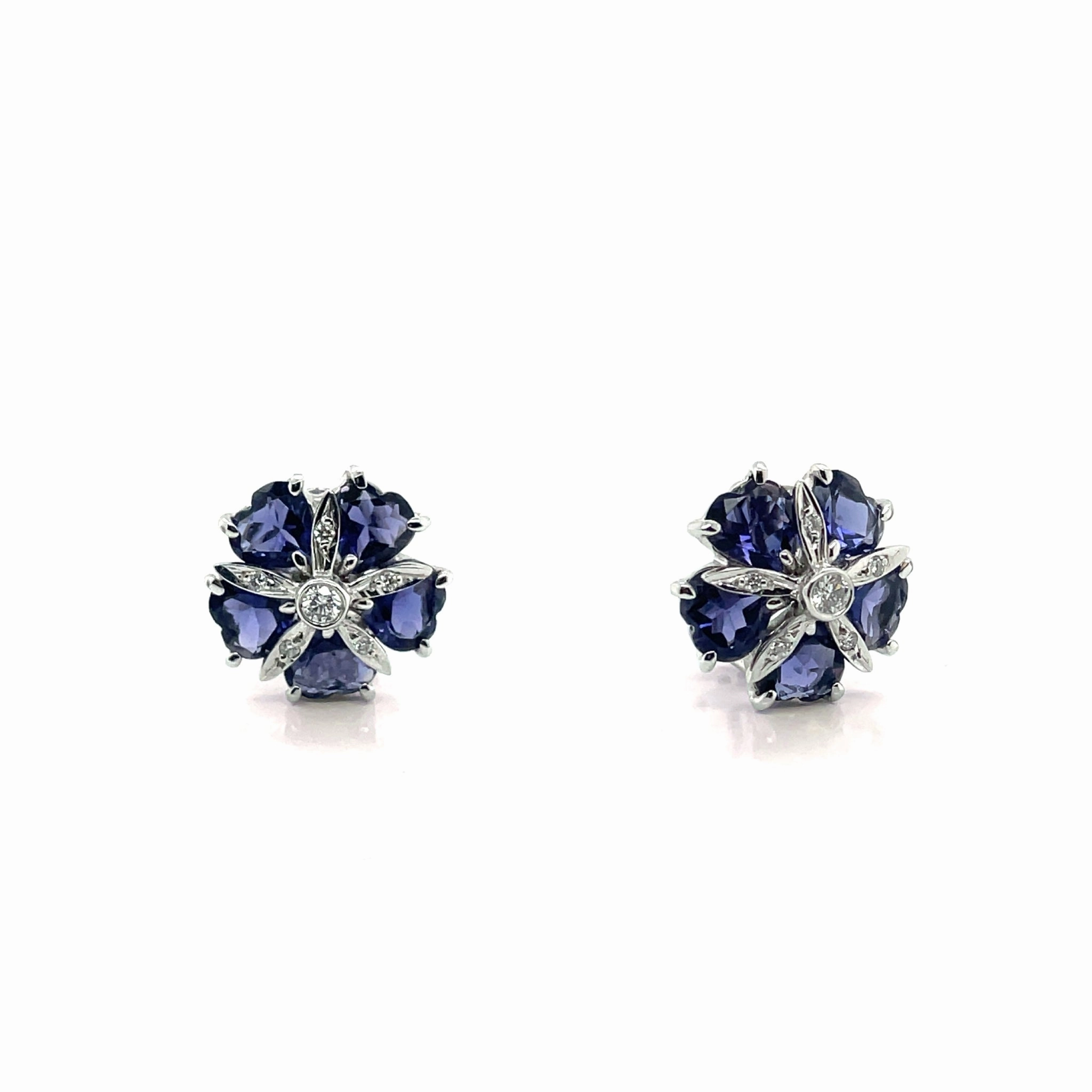 Estate 14k White Gold Flower Design Tanzanite and Diamond Clip On Earrings
