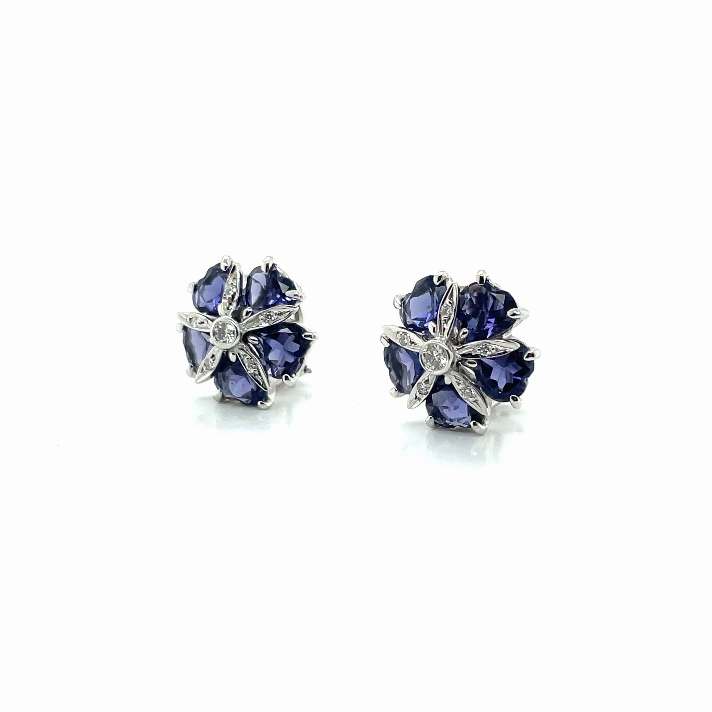 Estate 14k White Gold Flower Design Tanzanite and Diamond Clip On Earrings