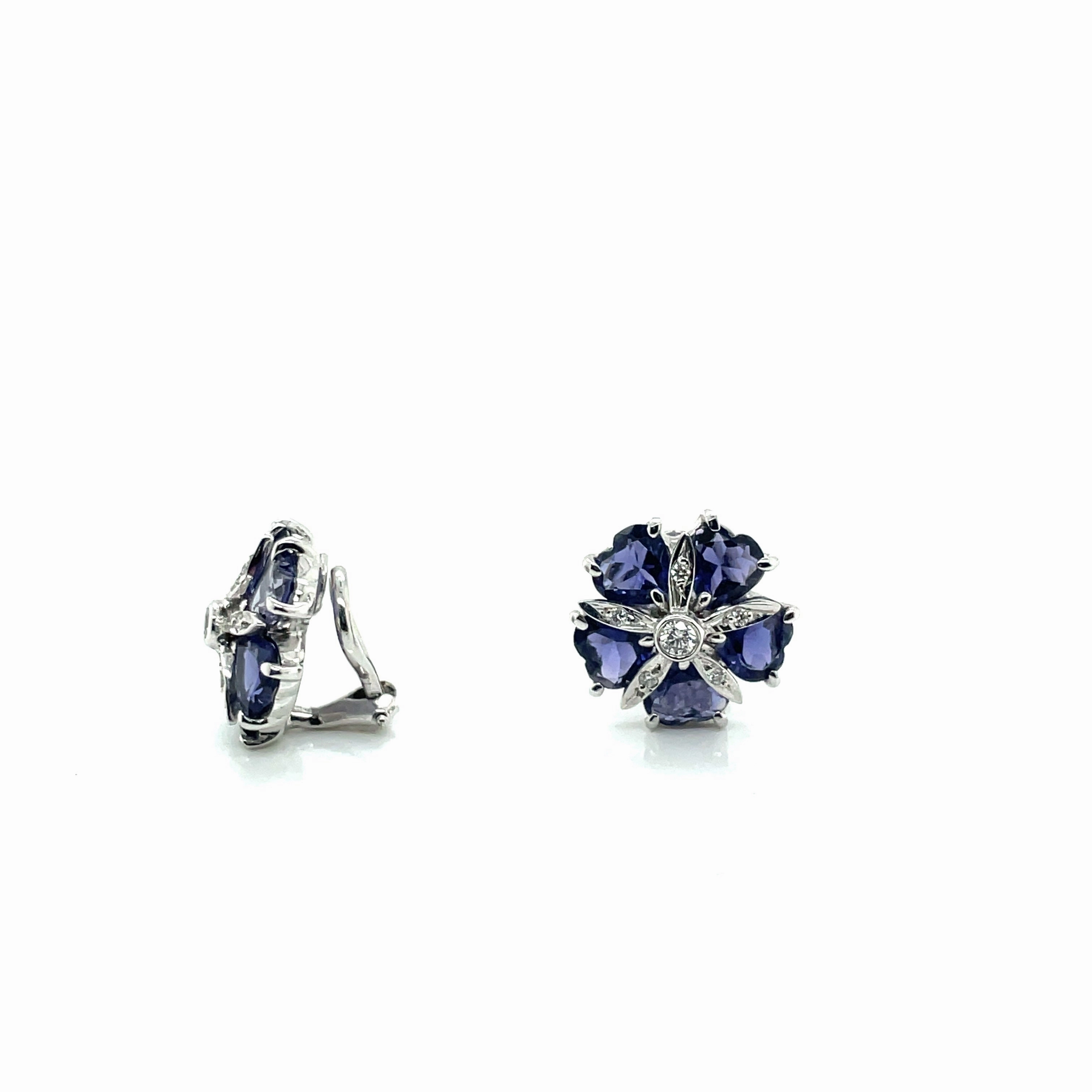 Estate 14k White Gold Flower Design Tanzanite and Diamond Clip On Earrings