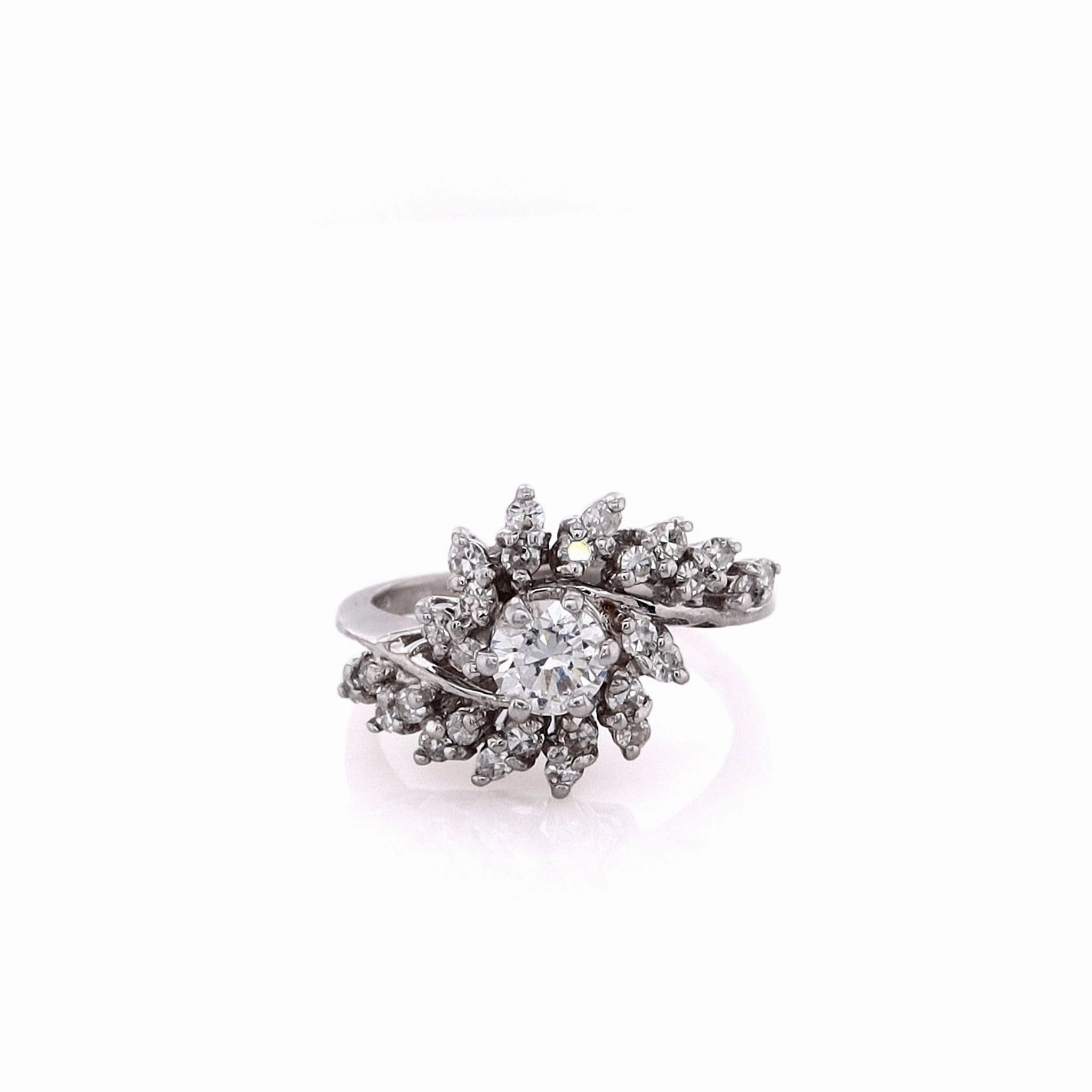 Estate 14k White Gold Rose Cut and Brilliant Round Cut Diamond Bypass Design Ring