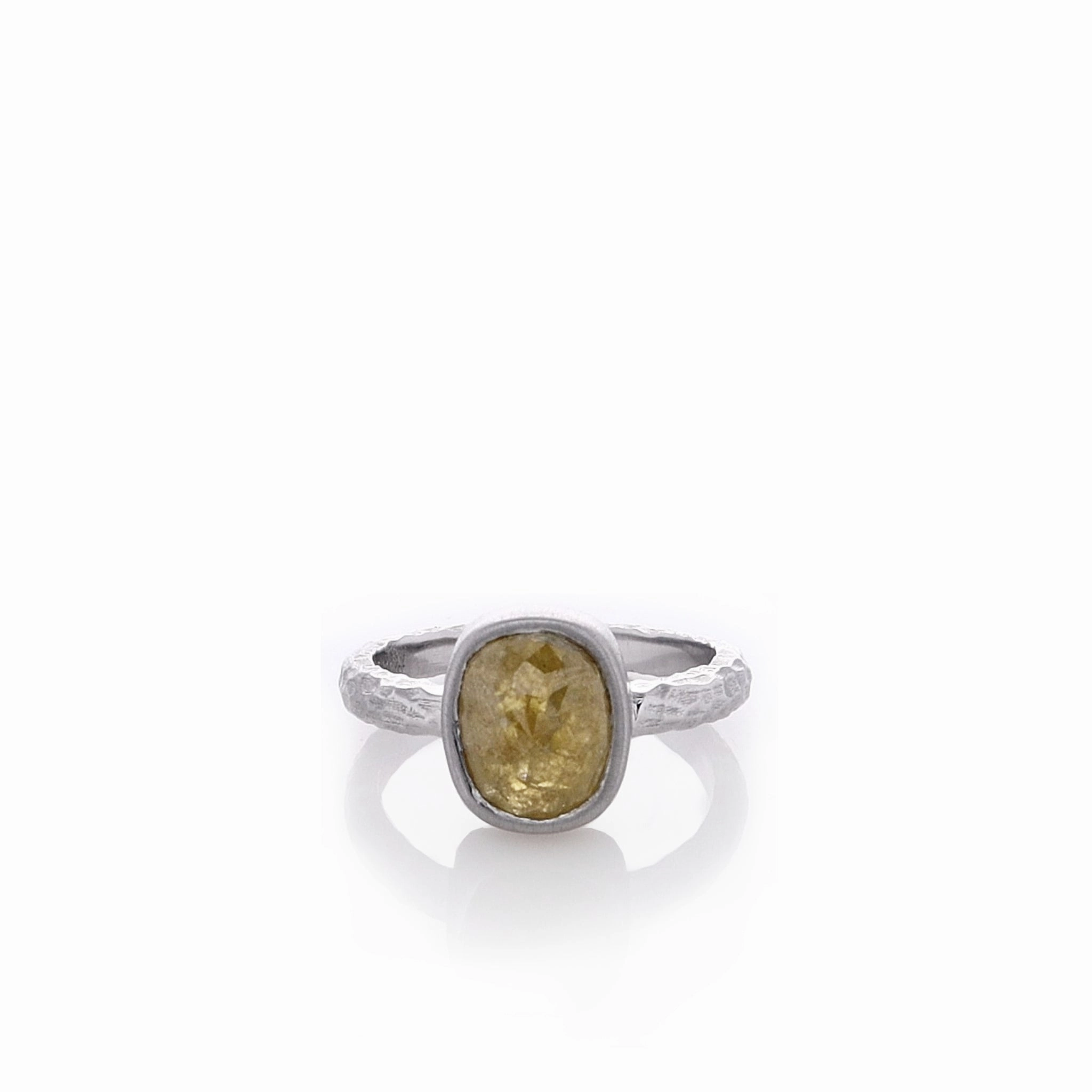 Estate 14k White Gold Rose Cut Oval Gold with Salt & Pepper Brushed Hammered Shank Ring