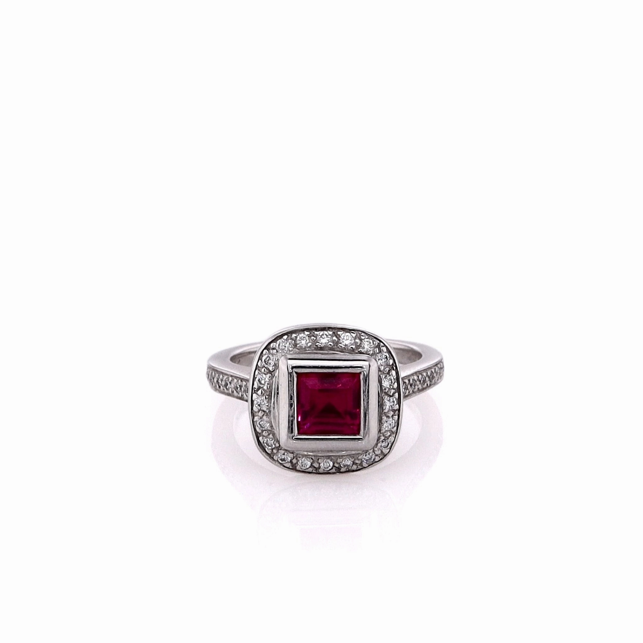 Estate 14k White Gold Synthetic Square Ruby and Diamond Halo Ring