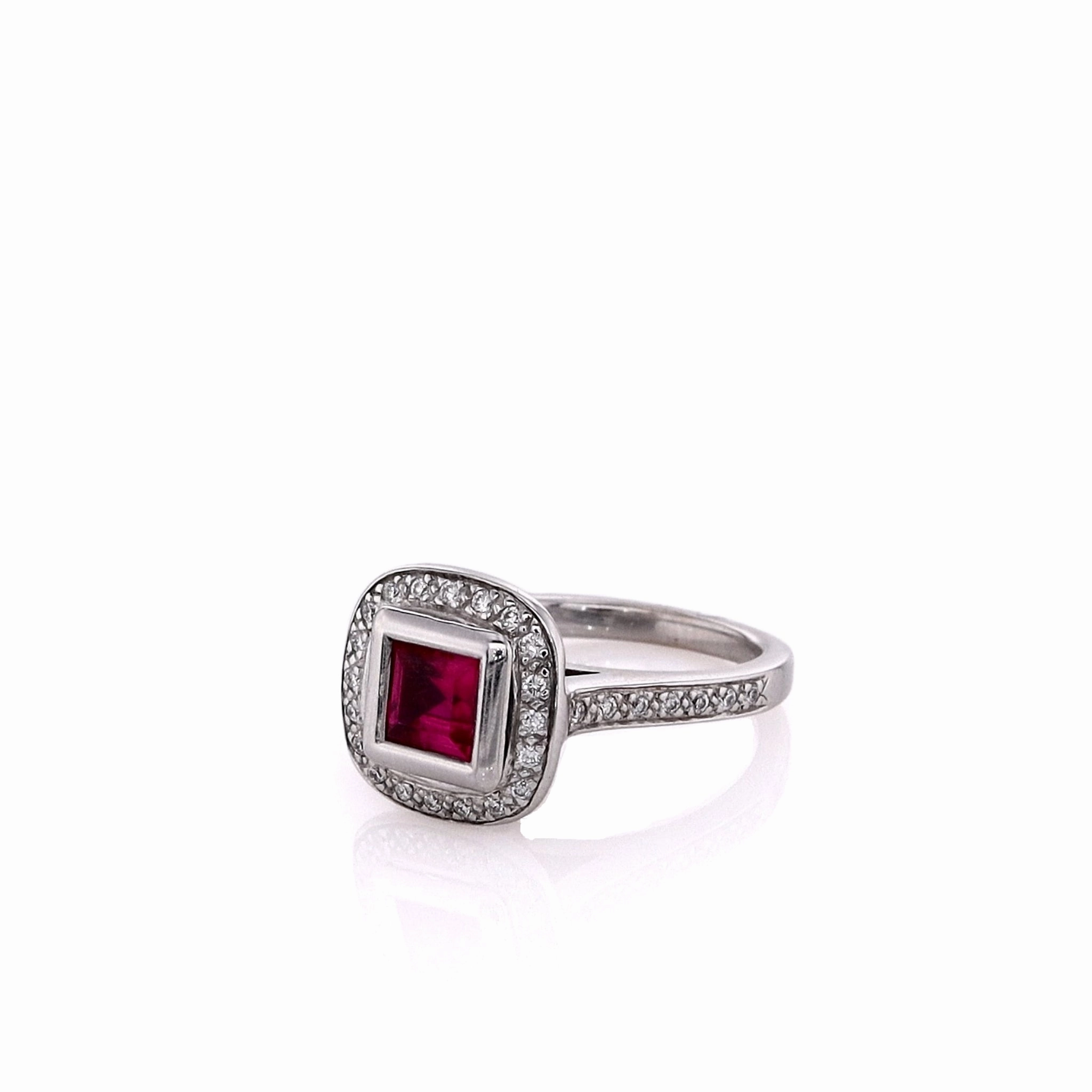 Estate 14k White Gold Synthetic Square Ruby and Diamond Halo Ring