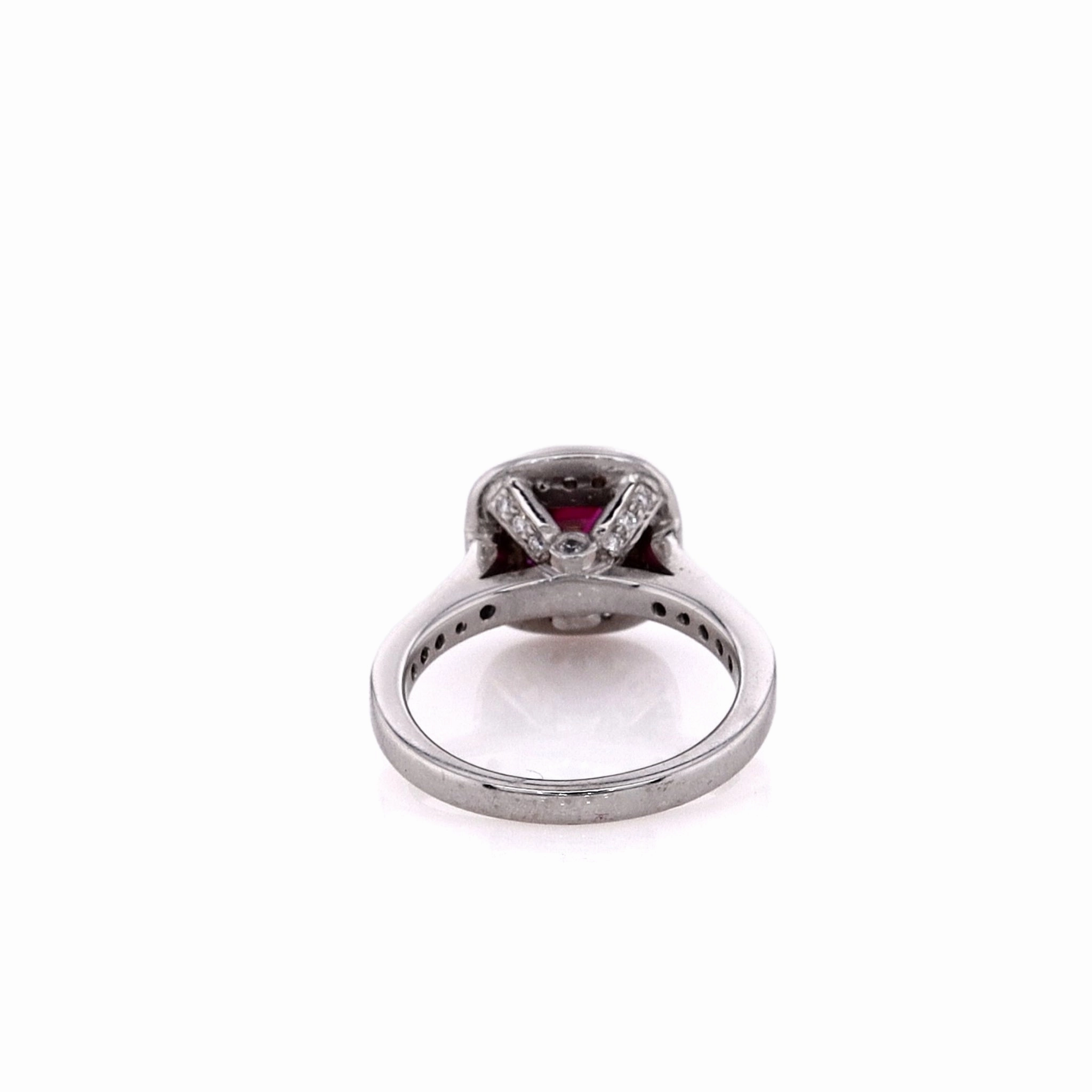 Estate 14k White Gold Synthetic Square Ruby and Diamond Halo Ring