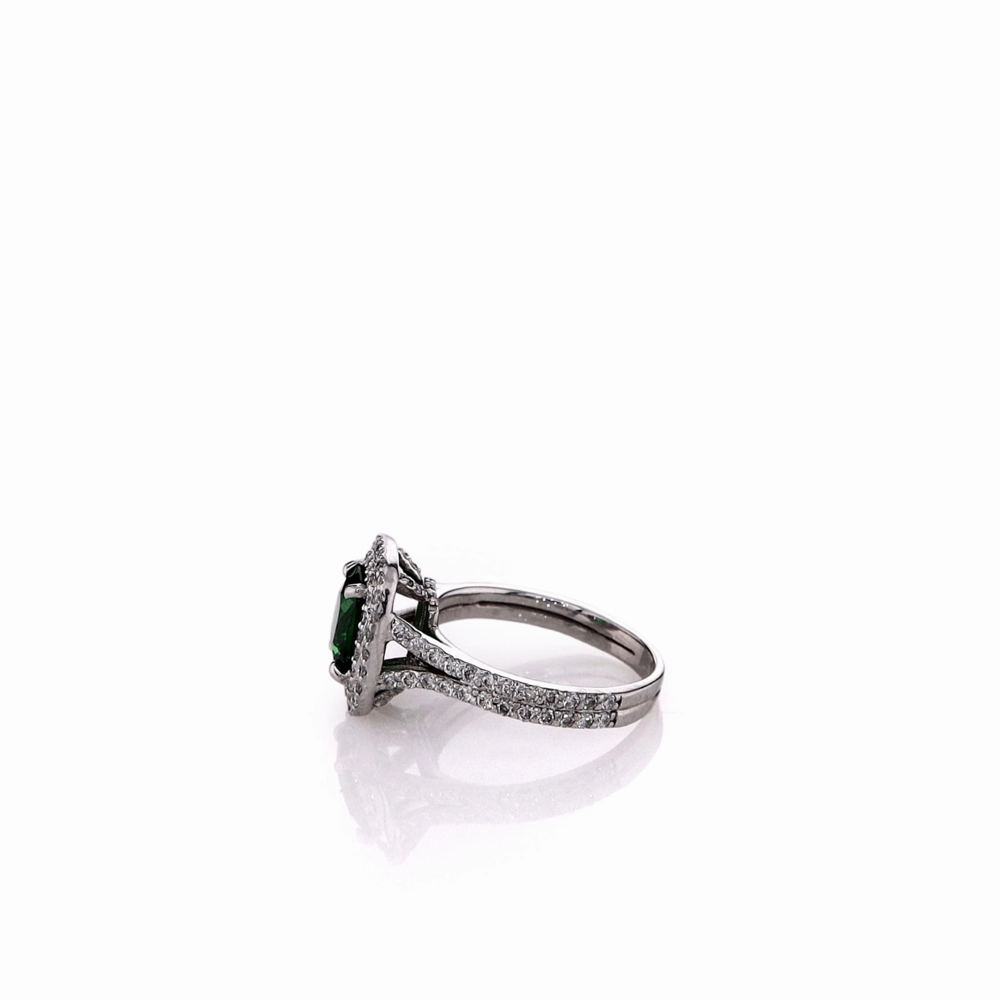 Estate 14k White Gold Tsavorite Chip and Diamond Double Halo Ring