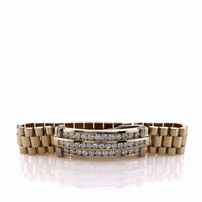 Estate 14k Yellow Gold 7" President Link Design 3 Row Diamond Bracelet