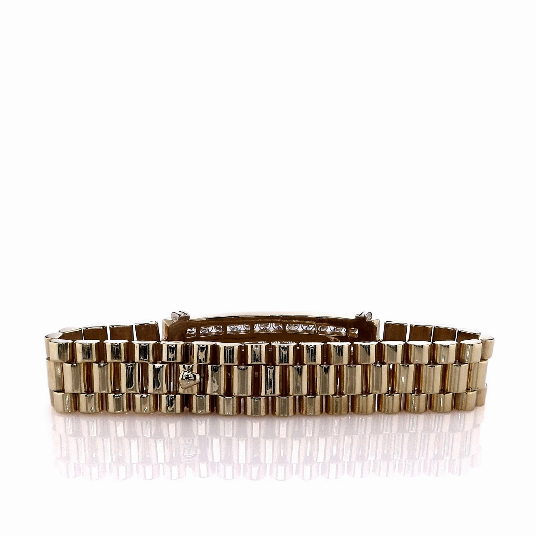 Estate 14k Yellow Gold 7" President Link Design 3 Row Diamond Bracelet