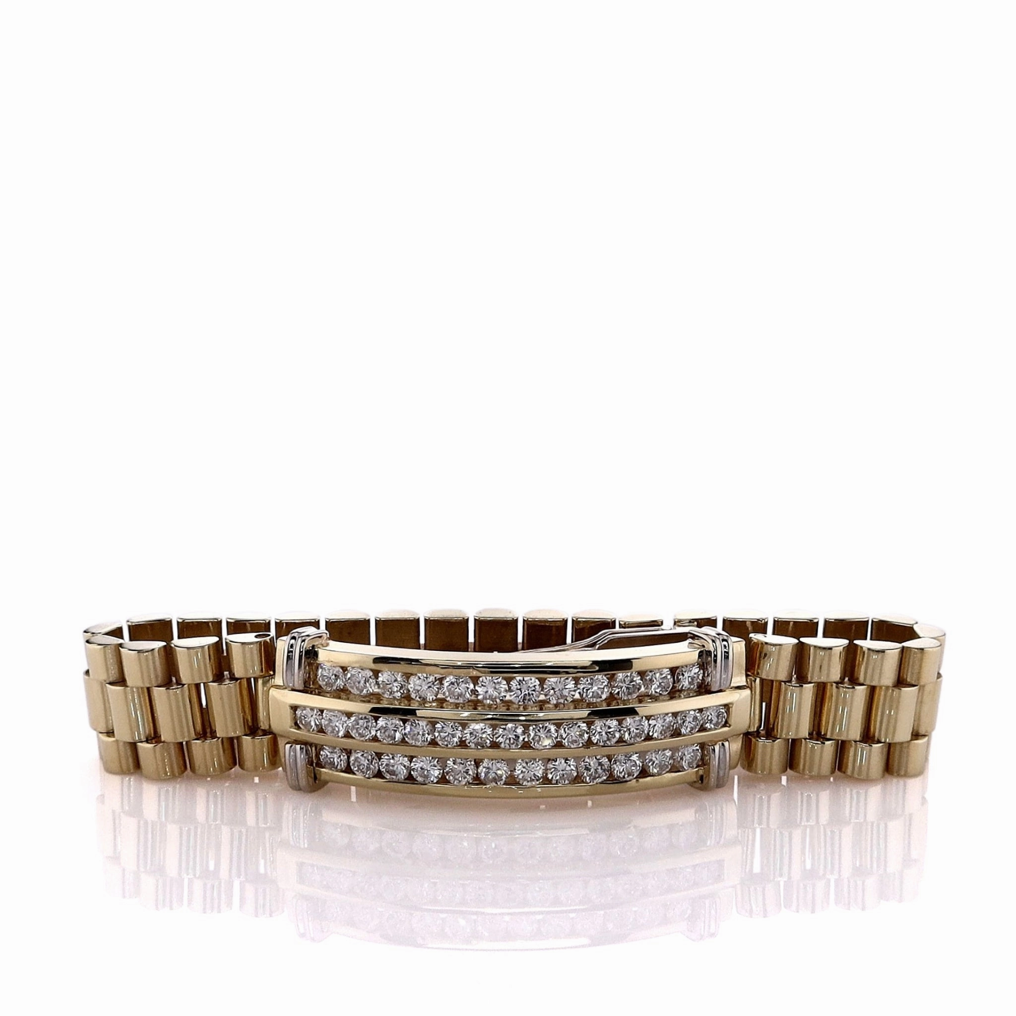 Estate 14k Yellow Gold 7" President Link Design 3 Row Diamond Bracelet