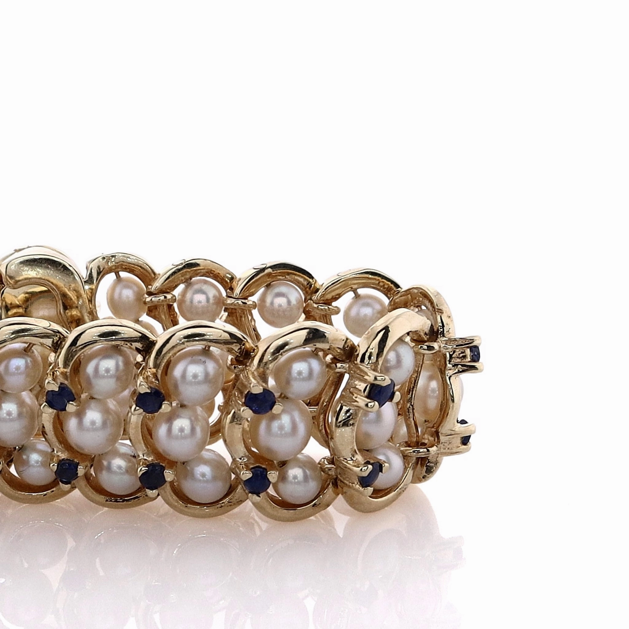 Estate 14k Yellow Gold Akoya Pearl and Sapphire Scalloped Gold Framed Bracelet