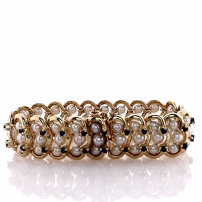 Estate 14k Yellow Gold Akoya Pearl and Sapphire Scalloped Gold Framed Bracelet