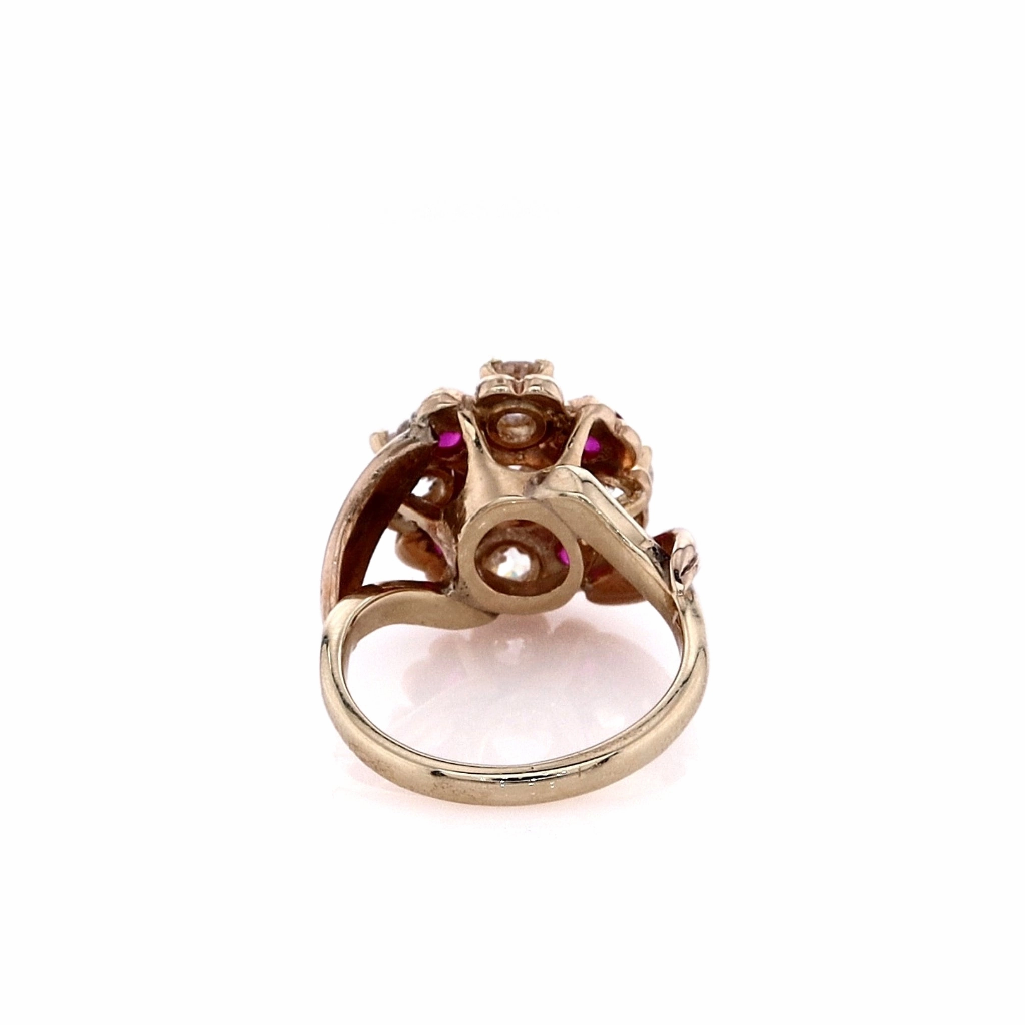 Estate 14k Yellow Gold Cabochon Rubies Round Brilliant Cut and Old European Cut Diamond Ring