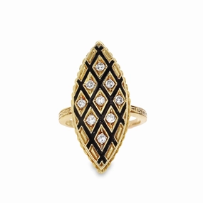Estate 14k Yellow Gold Diamond and Black Enamel Cocktail Ring